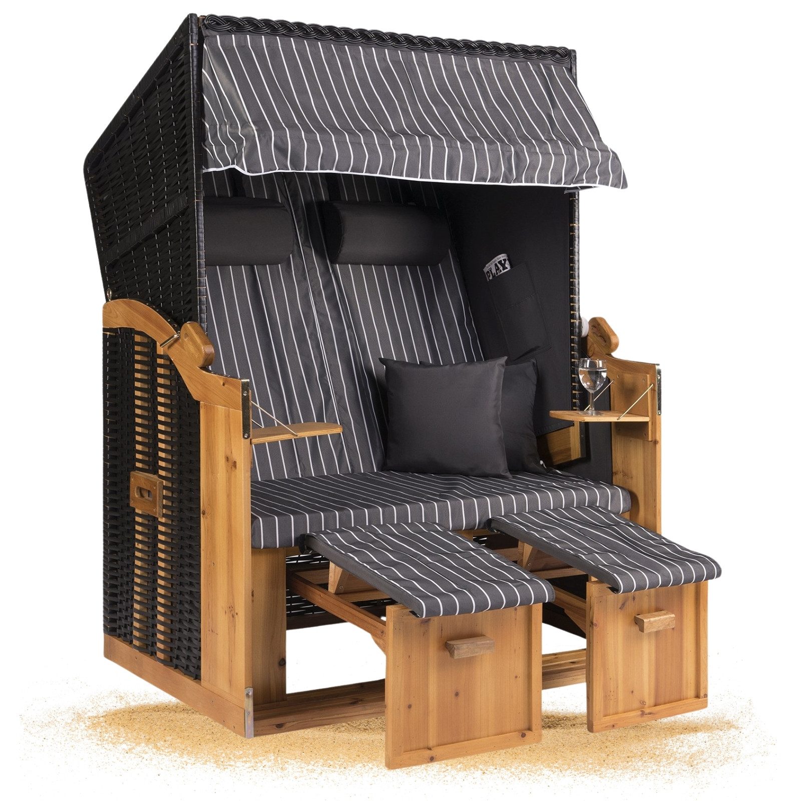 Strandkorb Hanse Strandkorb Strandkorb Ostsee Anthrazit grau weiß nadelstreifen, BxTxH: 120x80x160 cm, Volllieger, Ostsee-Modell, Stabiles Wacholder mit handgefertigtem Polyrattangeflecht