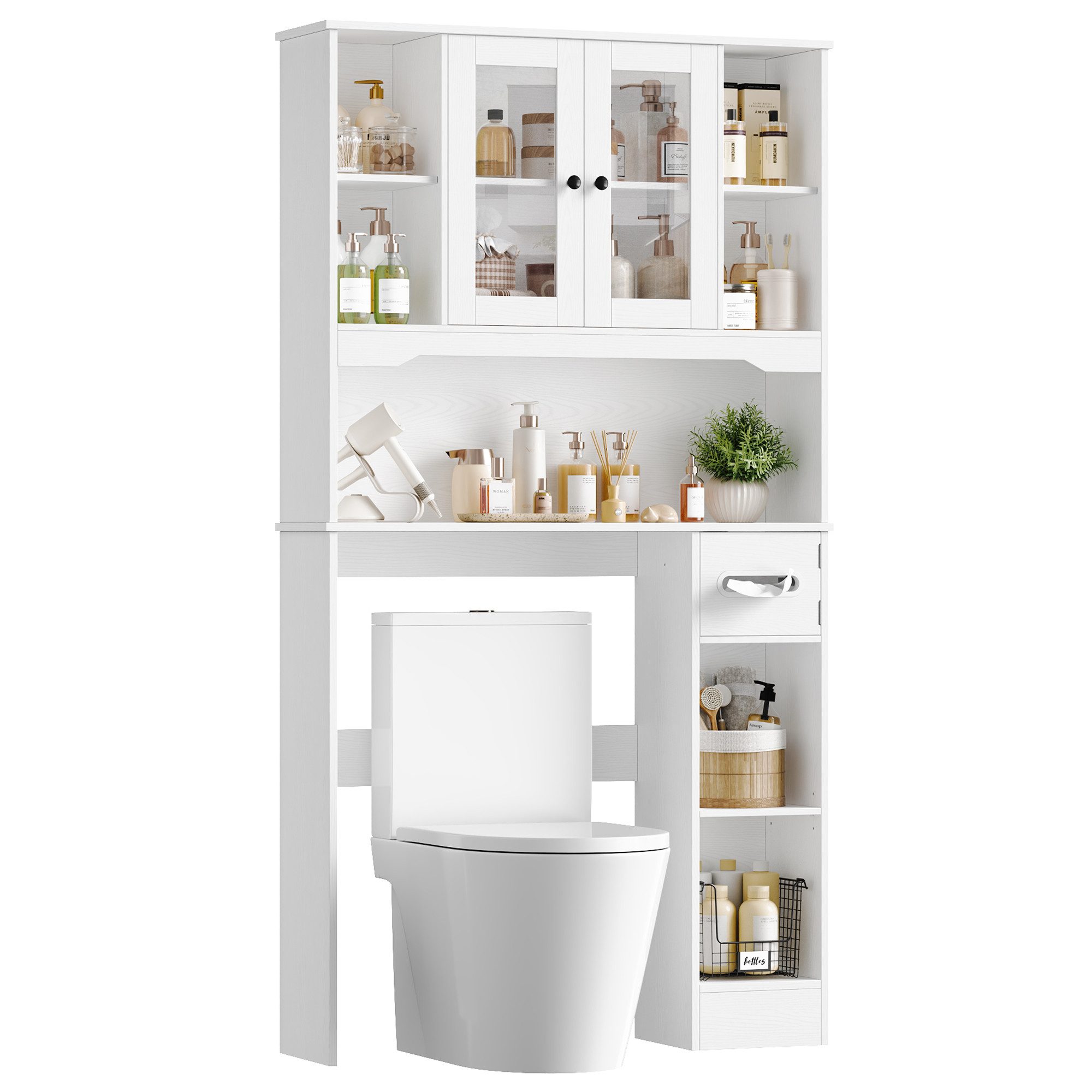 Homfa Badregal Toilettenregal waschmaschinenschrank, mit Glastüren, offenen Fächern und Toilettenpapierhalter, Weiß