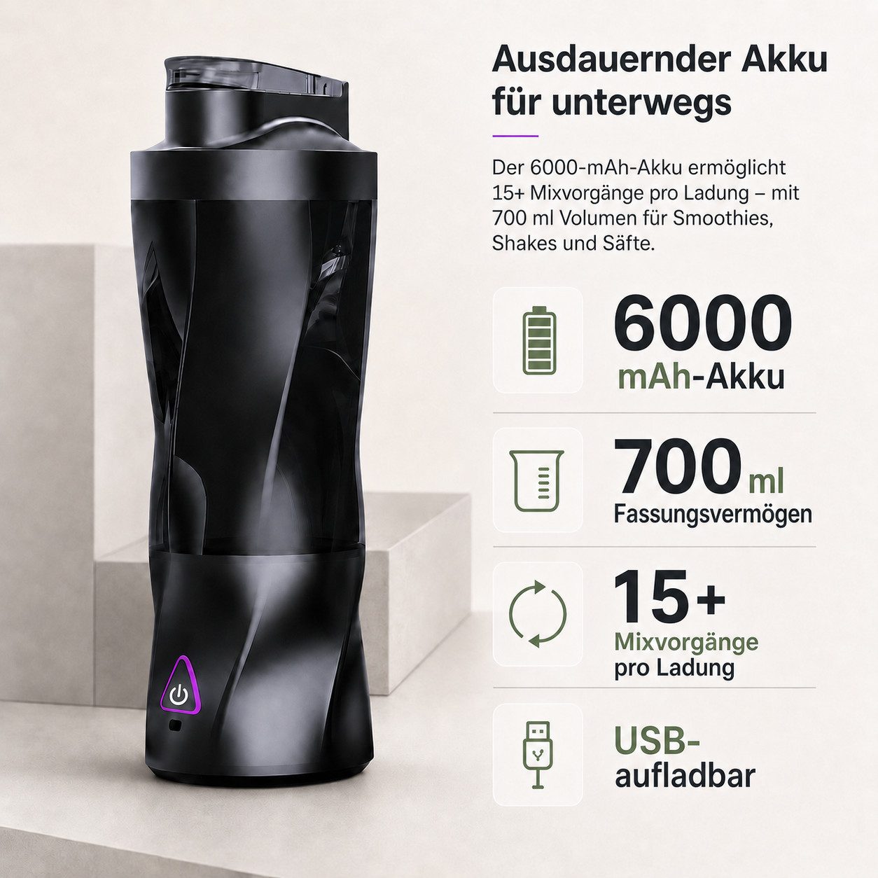 Tekoo Akku-Smoothie-Maker Standmixer To Go 700ml, 360W & 6000mAh Akku für Smoothies, 360 W, 360W Hochleistungsmotor, 6-fach Edelstahlklinge, Ice-Crush-Funktion