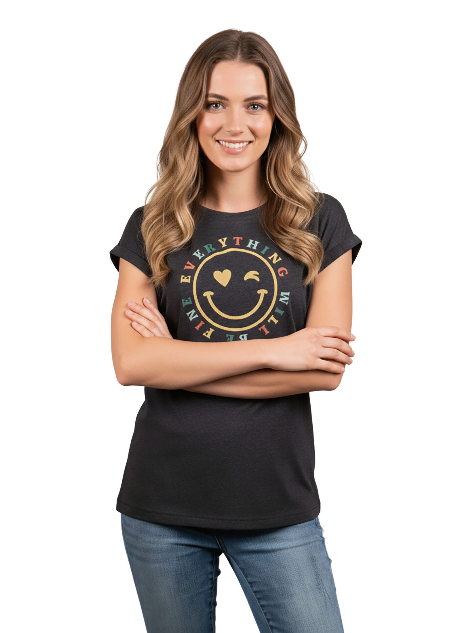 MAKAYA Print-Shirt Damen Kurzam Herz Spruch Sprüche Hippie Style Outfit 60er 70er Jahre Top