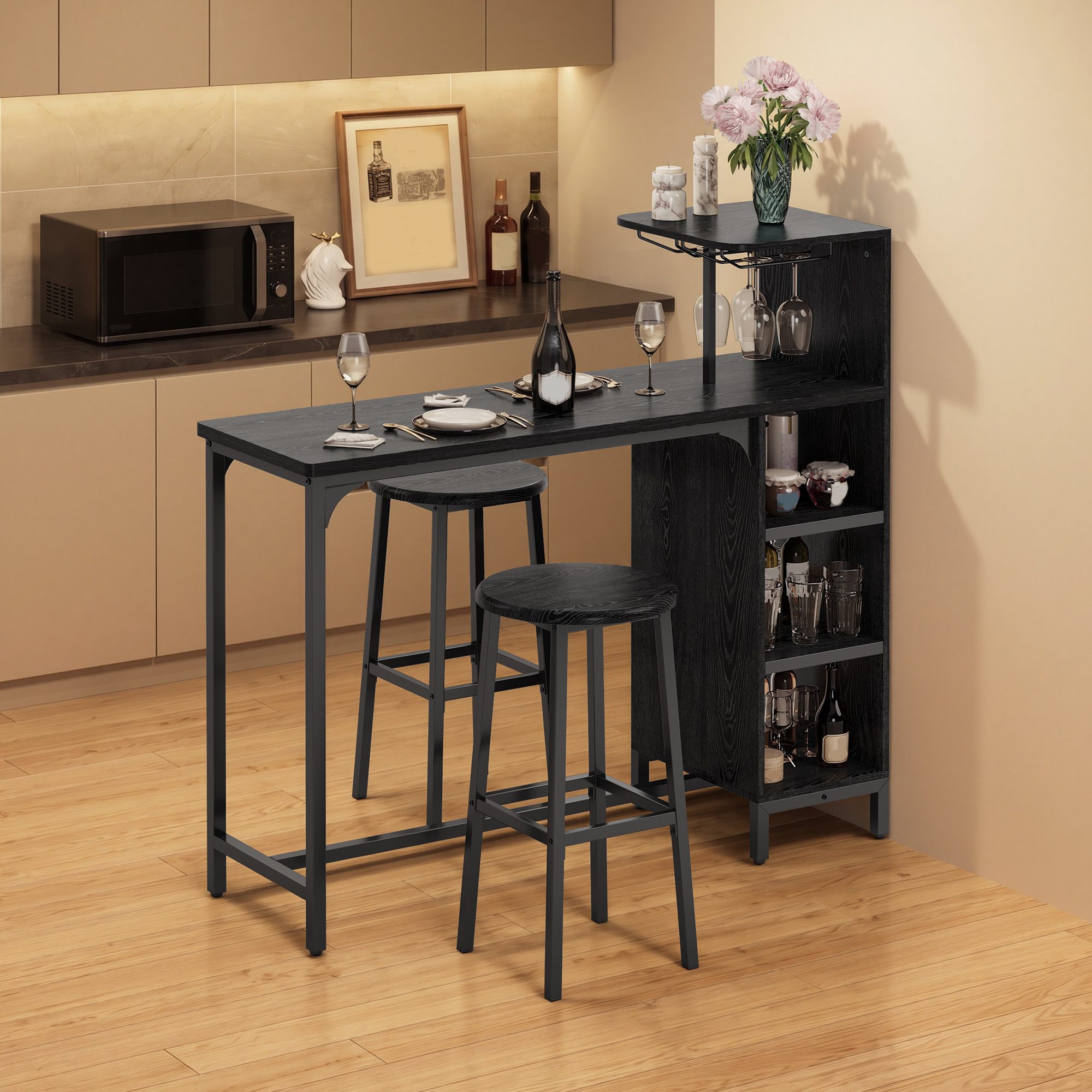 Bealife Bartisch 3-tlg, Stehtisch mit 2 Barhockern, Küchen-Set mit Weinglashalter