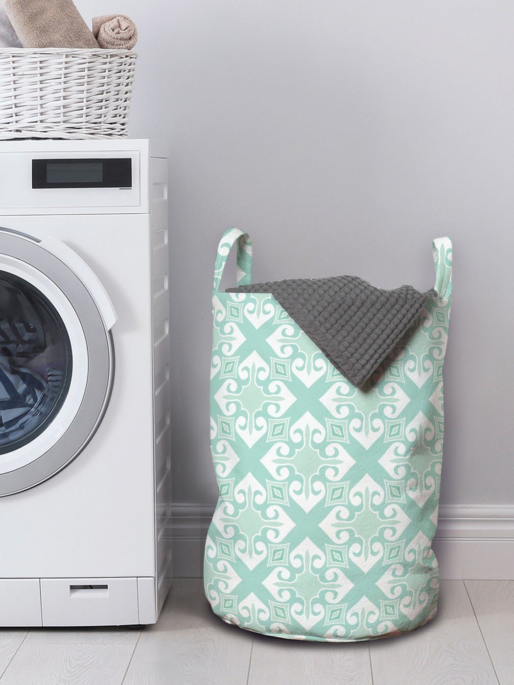 Weiß Abakuhaus Kordelzugverschluss Waschsalons, Wäschekorb mit Griffen Wäschesäckchen für Mosaik-Blumendetail und Teal