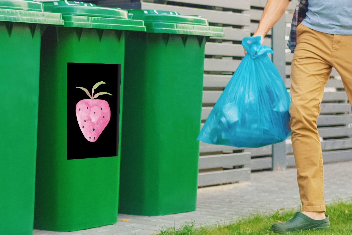 Container, - Mülleimer-aufkleber, Abfalbehälter Erdbeere - Aquarell Sticker, Wandsticker Mülltonne, Schwarz - St), Rosa MuchoWow (1