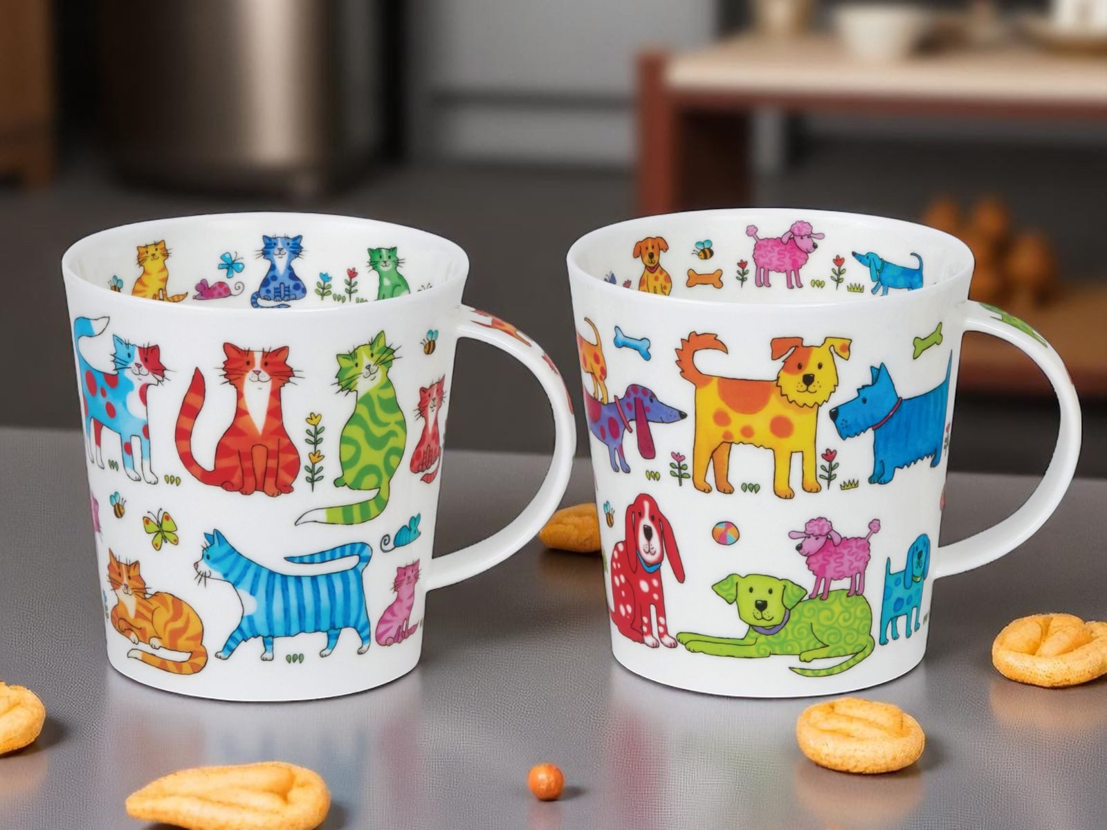 Dunoon Tasse 2er Set Becher Cairngorm Colourful Crew Katzen und Hunde 0,48 l, 1-tlg., Porzellan, Spülmaschinengeeignet