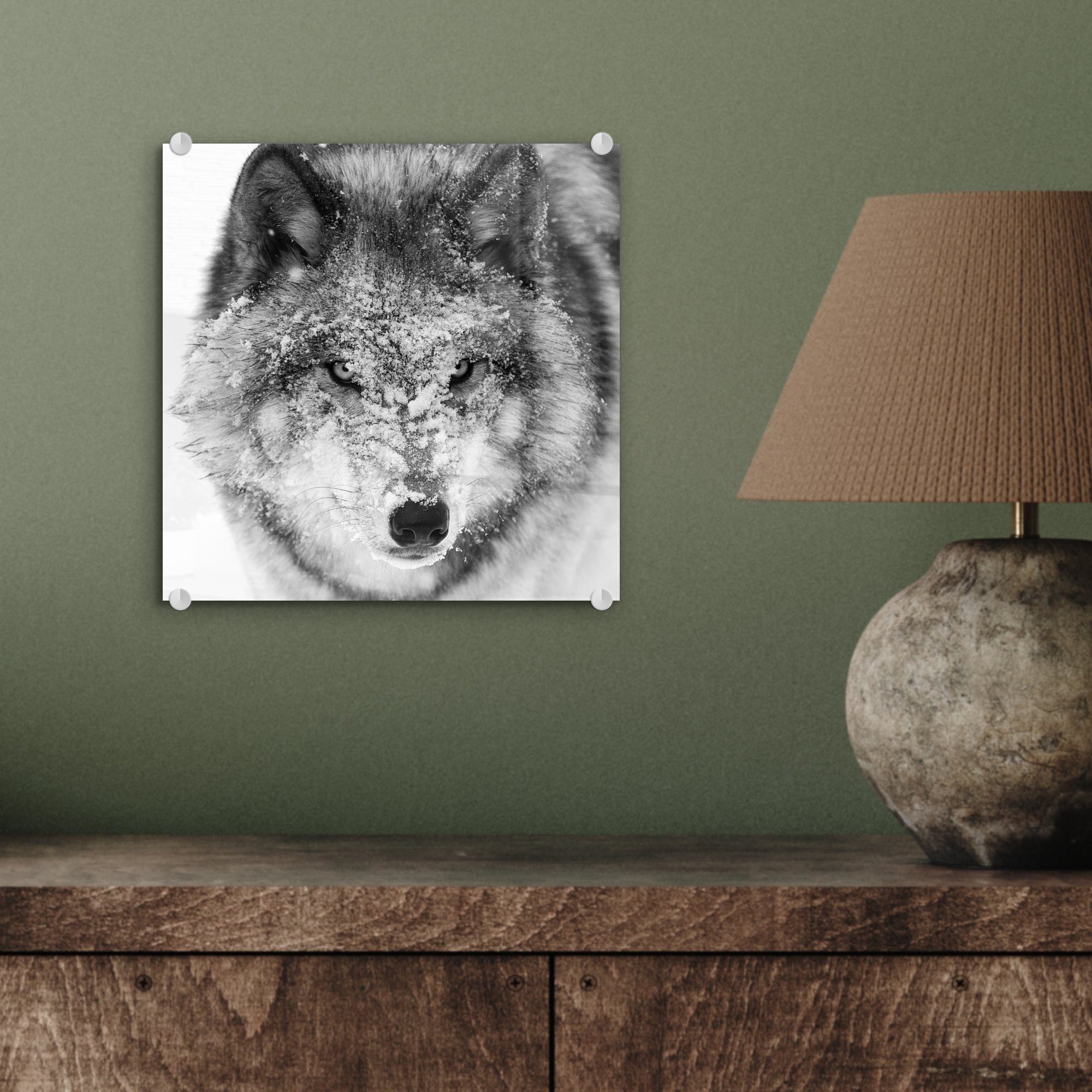 - - (1 St), Glasbilder verschneitem auf Wandbild Acrylglasbild Foto mit auf Bilder MuchoWow Wanddekoration Kopf Wolf - in schwarz-weiß, Glas Glas