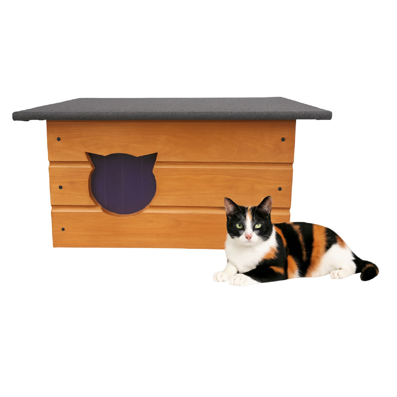 QLS Katzenhaus Isoliert aus Holz 60x40x40 cm, Outdoor Draußen Winterfest mit Vorhang, Teak