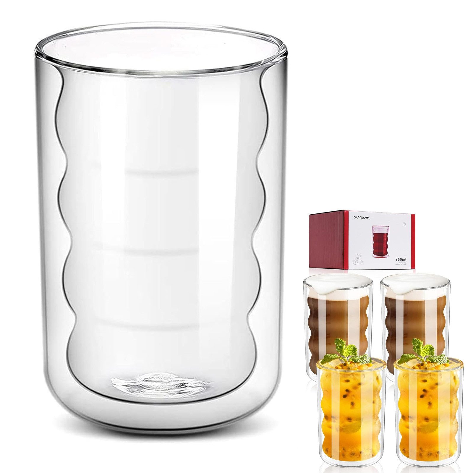REDOM Latte-Macchiato-Glas 4er Set 350 ml Doppelwandige Latte Macchiato Gläser, Borosilikatglas, Cocktailgläser, für kalte und warme Getränke, mit Schwebeeffekt