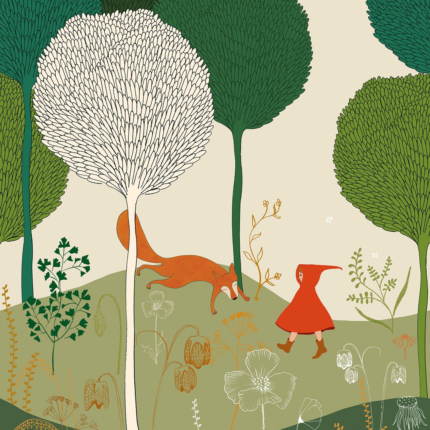 Rasch Fototapete Cartoon "Rotkäppchen und der böse Wolf" - Vliestapete Beige Grün Rot, bedruckt, (1 Rolle, 1 St., 2,8 m x 2 m), Lichtbeständige Farben - Feucht abwischbar - Restlost abziehbar