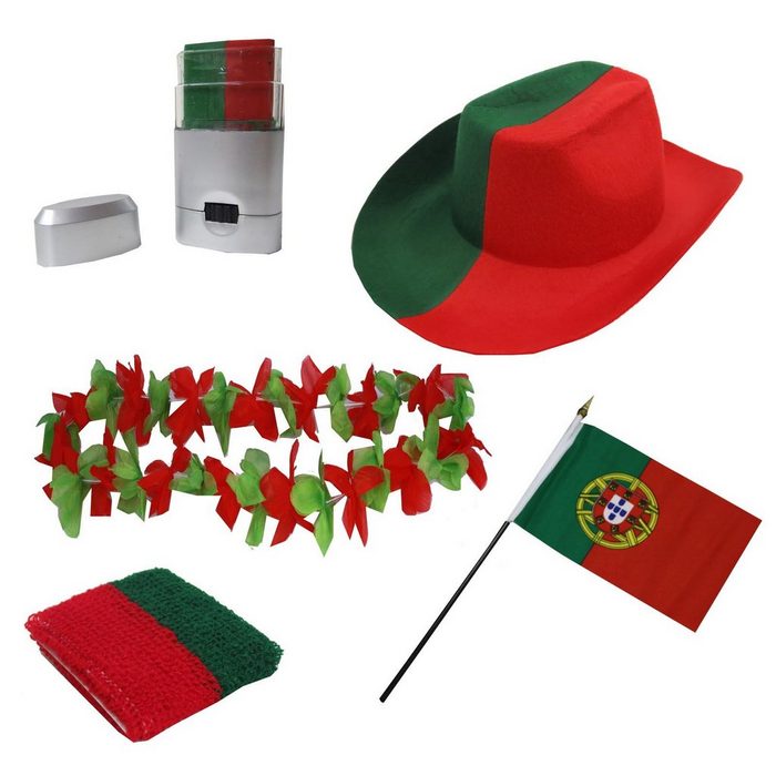 Sonia Originelli Kostüm Fanset Fanartikel Portugal Hut Blumenkette Schminkstift Fahne