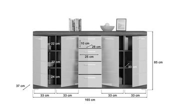 the kuup Kommode XXL Kommode mit 12 Fächern und 4 Schubladen I Modell TK15 I Weiße Hochglanzfronten I Korpus und Absetzung Rauchsilber Nachbildung