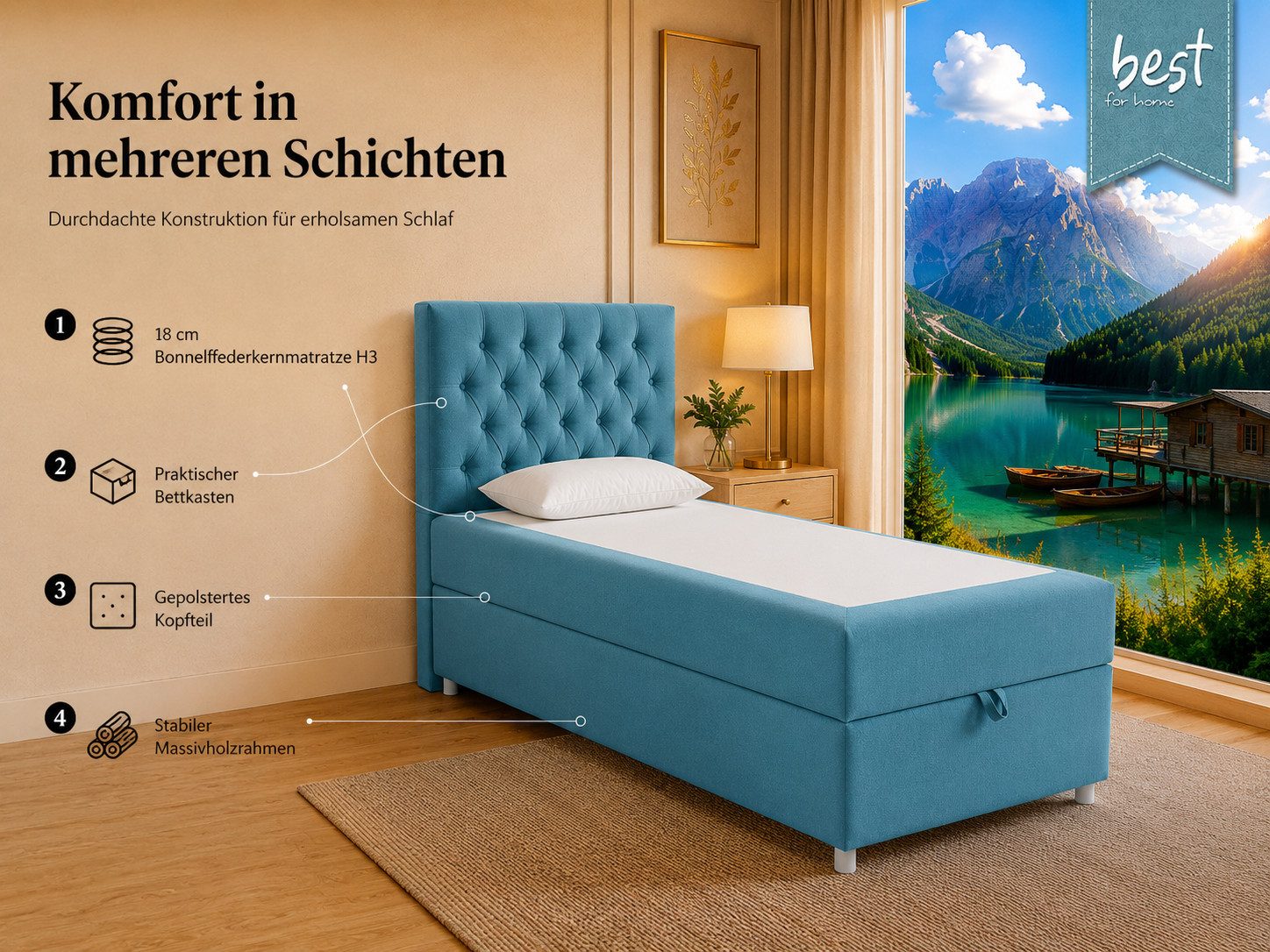 Best for Home Boxspringbett Trinity K-14 Boxspringbett mit Bettkasten & Bonnell-Federkern (Einzelbett, Polsterbett gepolstertes Kopfteil, Jugendbett, Kinderbett, 3-St., 70x200 80x200 90x200 100x200 cm), Handwerksqualität, TOP Preis-Leistungs-Verhältnis