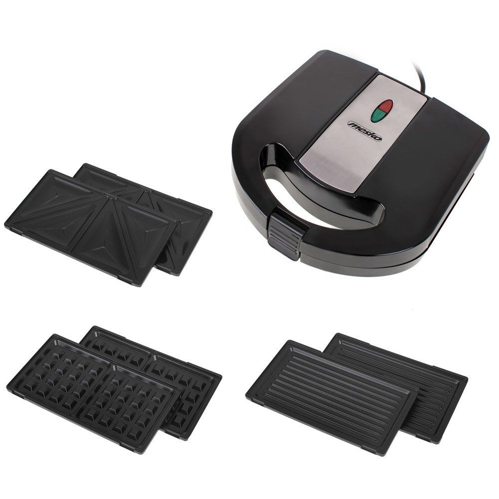 Mesko 3-in-1-Sandwichmaker MS 3045 Waffeleisen, Kontaktgrill Sandwichtoaster mit Wechselplatten, 1000 W, Antihaftbeschichtung, vertikal verstaubar, Schwarz/Silber