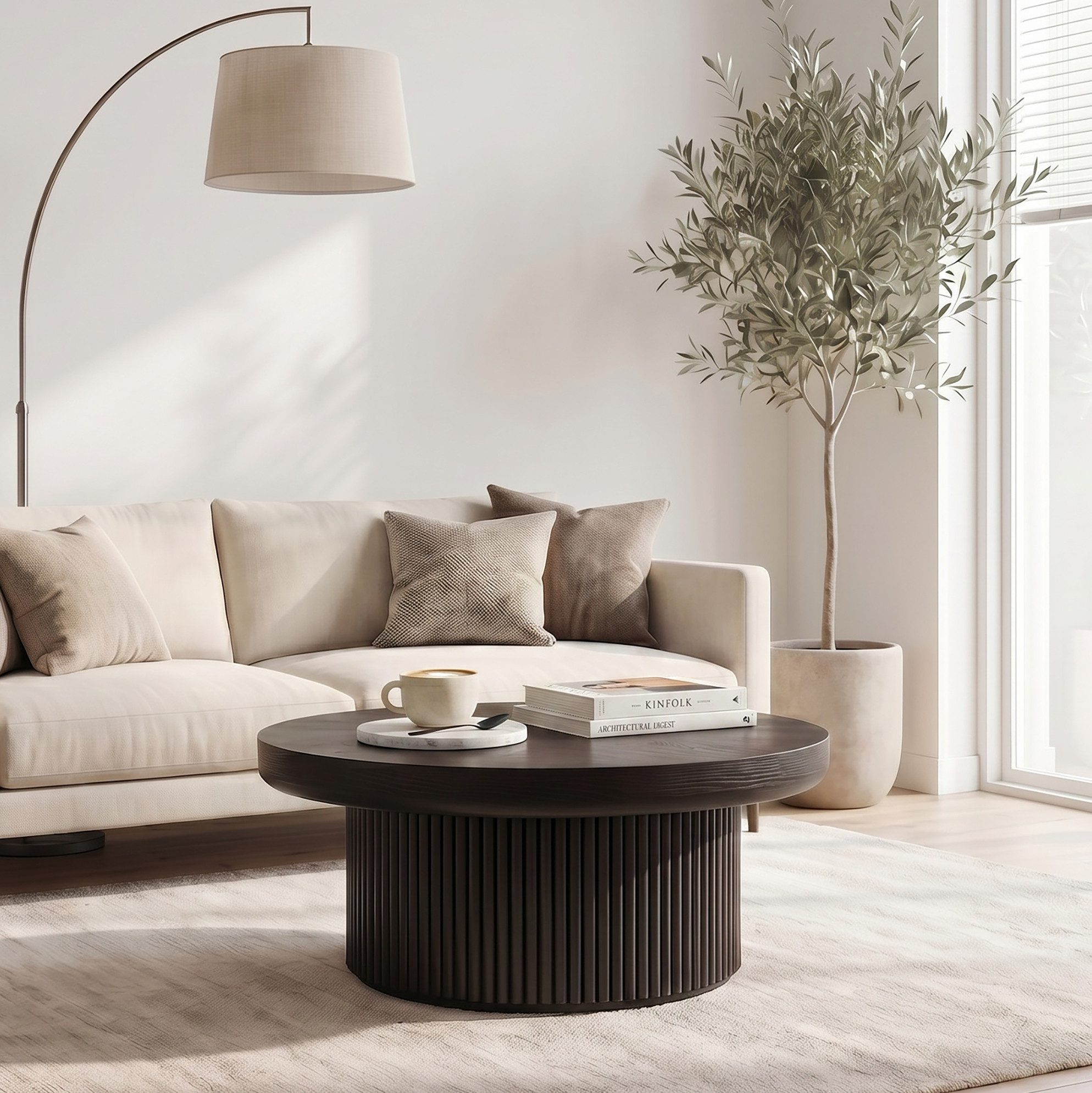 MODFU Couchtisch Ø78 cm Wohnzimmertisch rund Schwarz mit Holzoptik Oberfläche (Packung, 1-St., Kleiner Beistelltisch mit dicker Tischplatte für Wohnbereiche), Moderner Sofatisch mit Parquet Muster, Rillenstruktur & Zylinderfuß