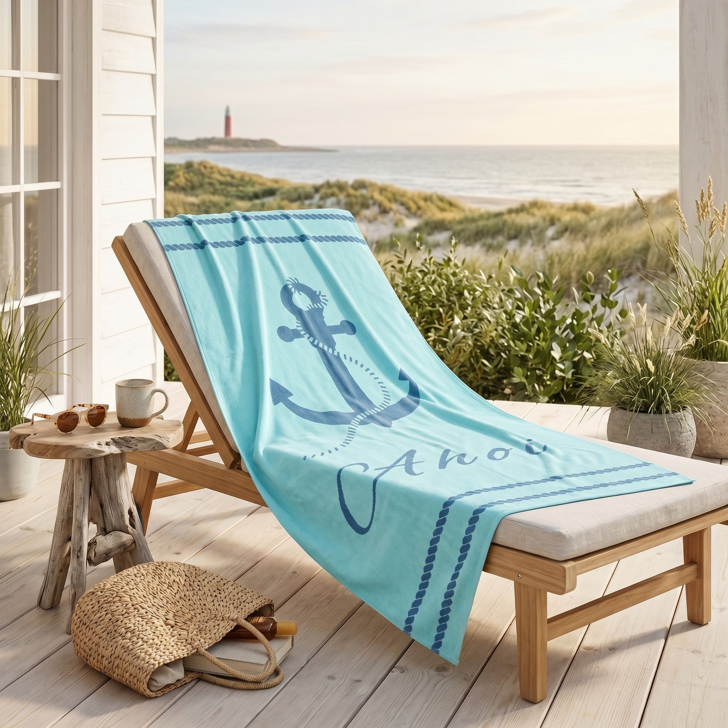 MTOnlinehandel Badetuch Ahoi Strandtuch / Strandlaken 90x180 cm, 100%, Baumwolle (1-St), maritimes Design mit Anker, hochwertig, weich und flauschig
