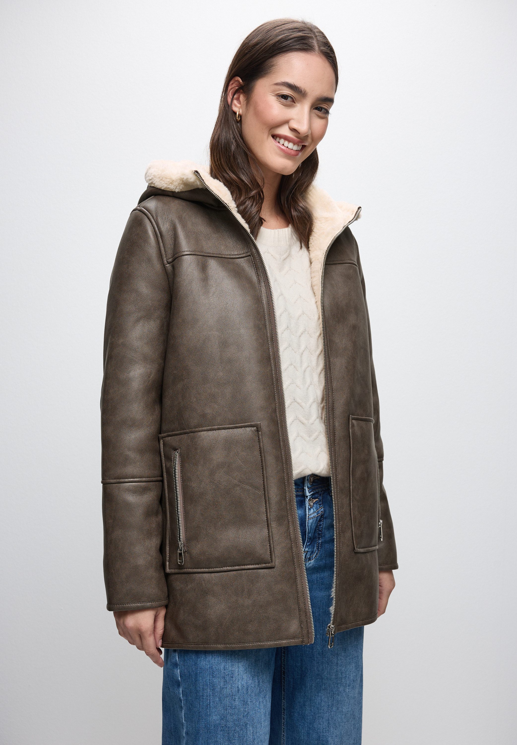 STREET ONE Lederimitatjacke mit Teddy-Futter und Teddy-Kapuze