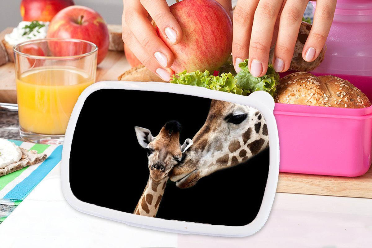 rosa - Porträt Tiere Kinder, - für (2-tlg), Brotbox Mädchen, MuchoWow - Lunchbox Schwarz Kunststoff, Tiere, Kunststoff Brotdose Snackbox, - Erwachsene, Giraffe