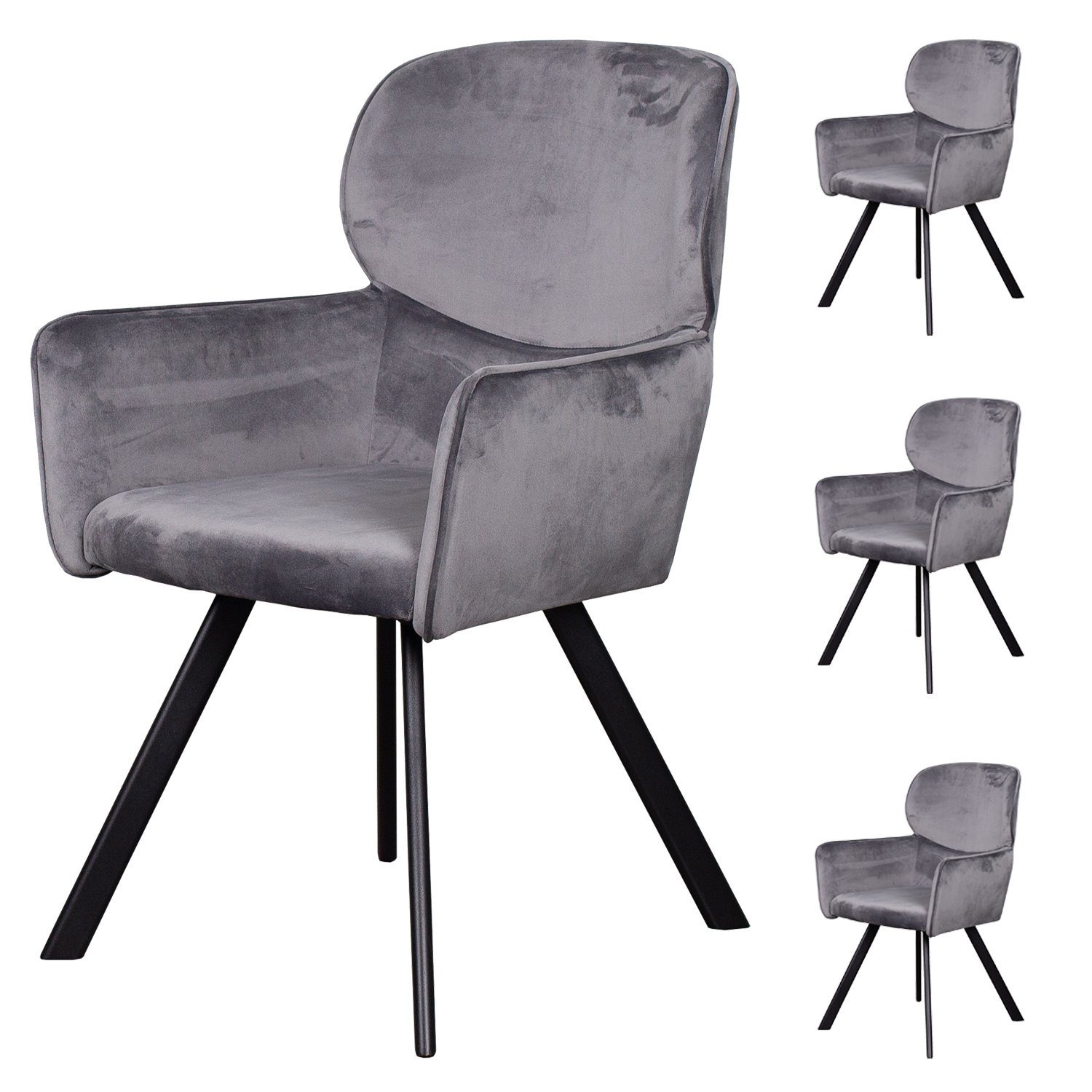 hohe - Metall-Gestell - - grau Sessel gepolstert living - (Set, Samtbezug - - Diningsessel Samt - Rückenlehne bene Esszimmer Treviso Armlehnen 4-St),
