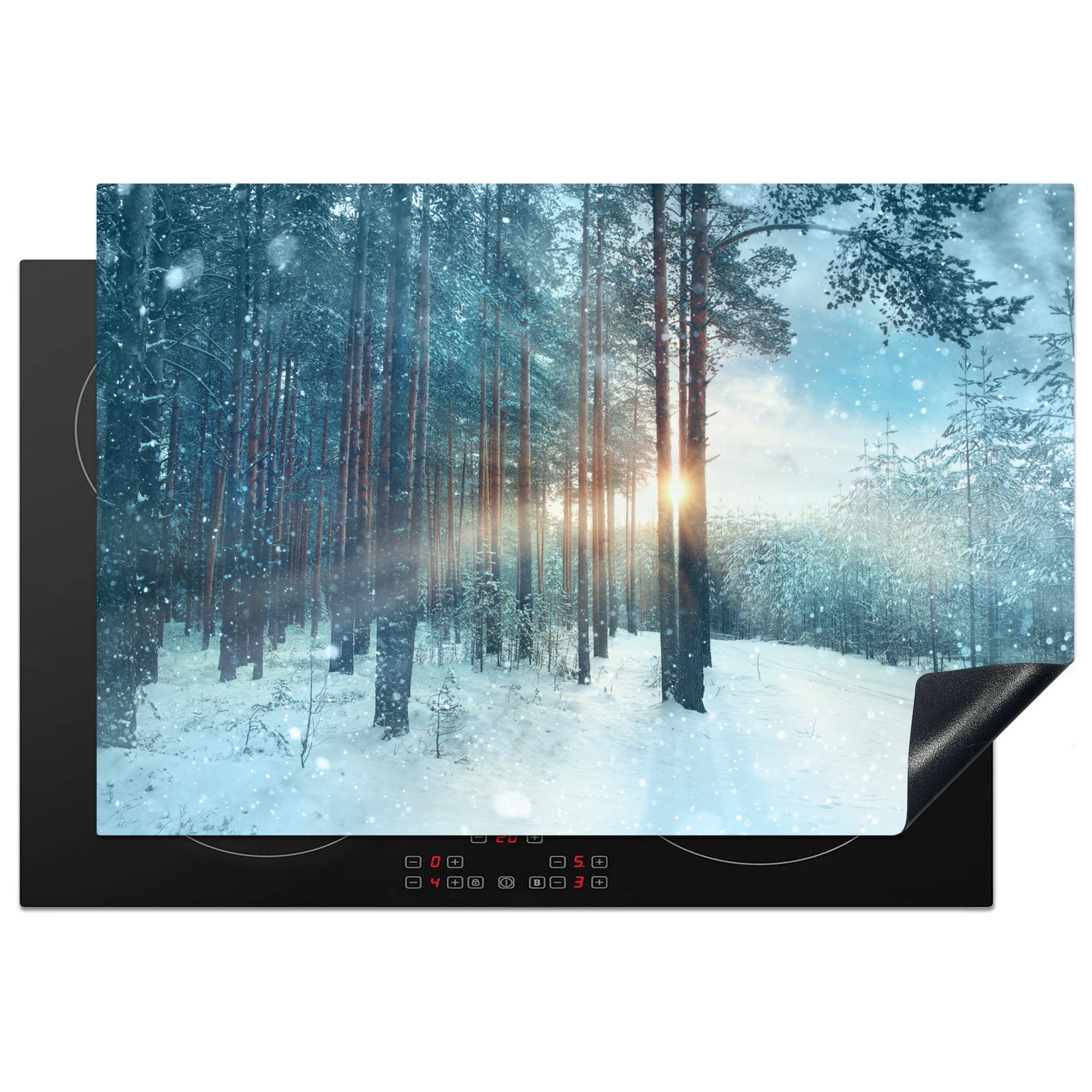 MuchoWow Herdblende-/Abdeckplatte Winter - Sonne - Schnee - Wald, Vinyl, (1 tlg), 77x51 cm, Ceranfeldabdeckung, Arbeitsplatte für küche