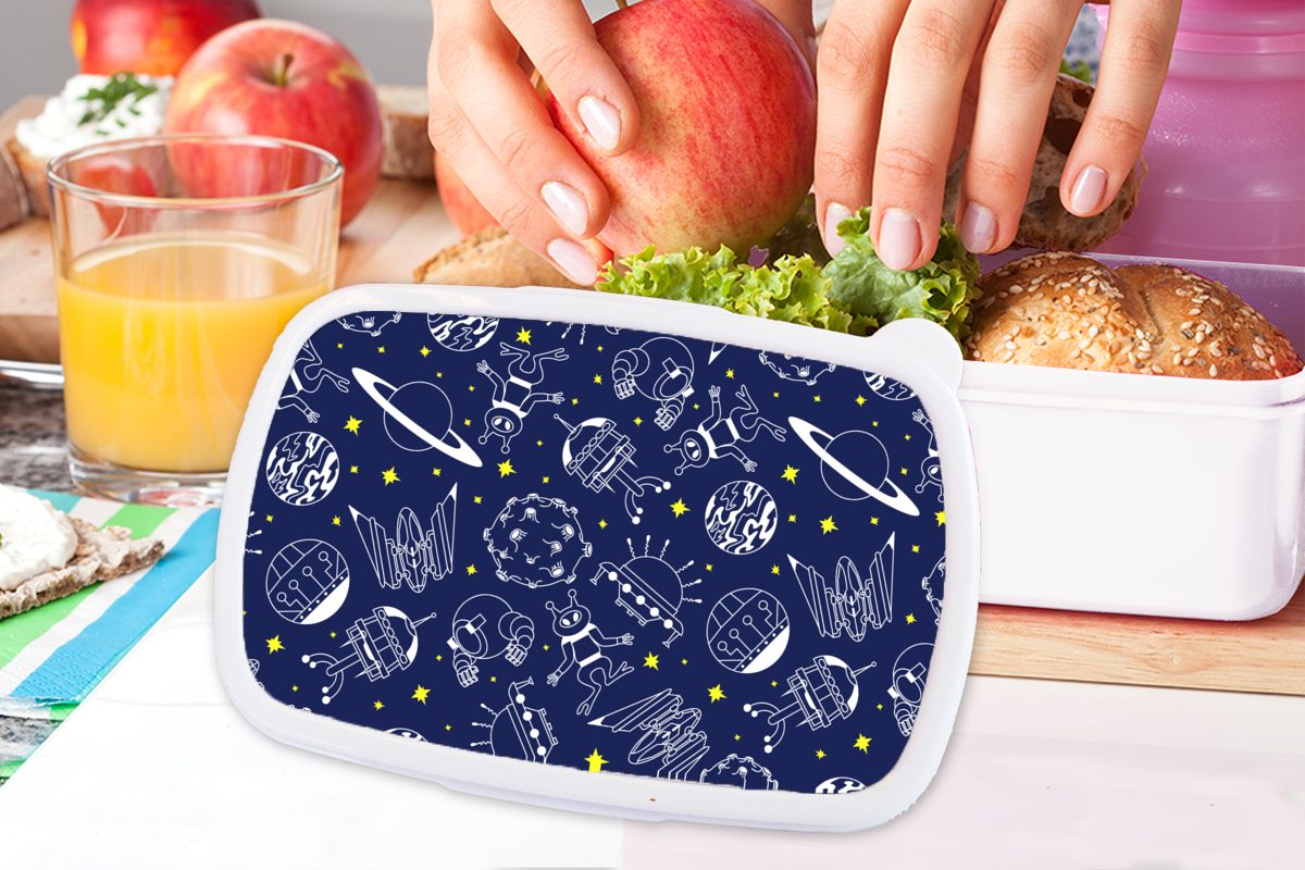 Kinder Erwachsene, Brotdose, Mädchen Planeten, für Weltraum Kunststoff, - (2-tlg), Muster und - Sterne weiß MuchoWow - Brotbox Jungs Lunchbox für und