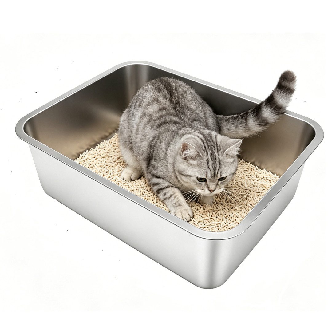 Katzentoilette Edelstahl Katzenklo 44,5 x 34,5 x 14 cm Mittelgroßes offenes Katzenklo