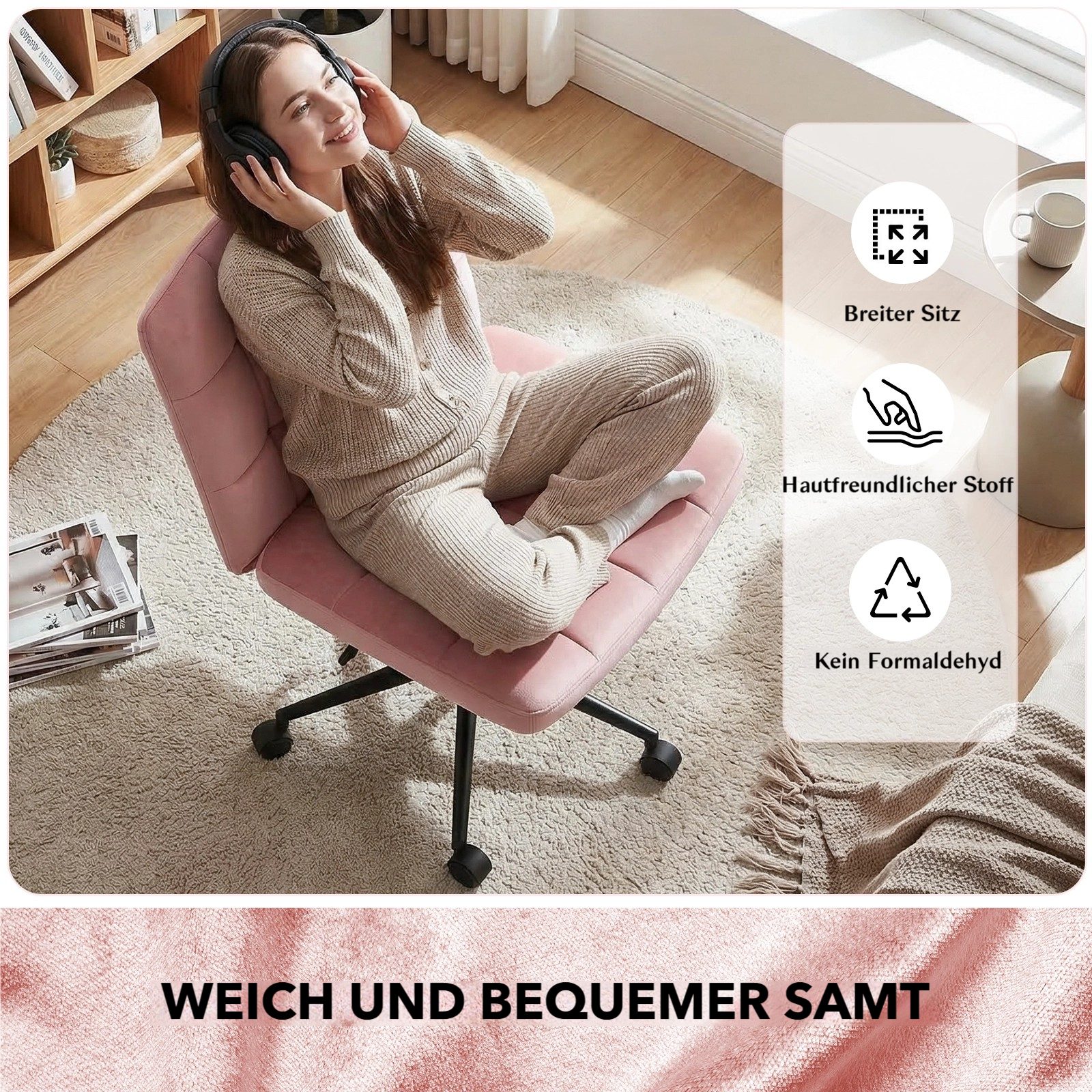 TLGREEN Drehstuhl Drehbürostuhl aus Samt mit Rollen,ohne Armlehnen (360° drehbar, höhenverstellbar), Sitzkissen aus 10 cm hochelastischem Schaum, belastbar bis  – Bild 4 von 5