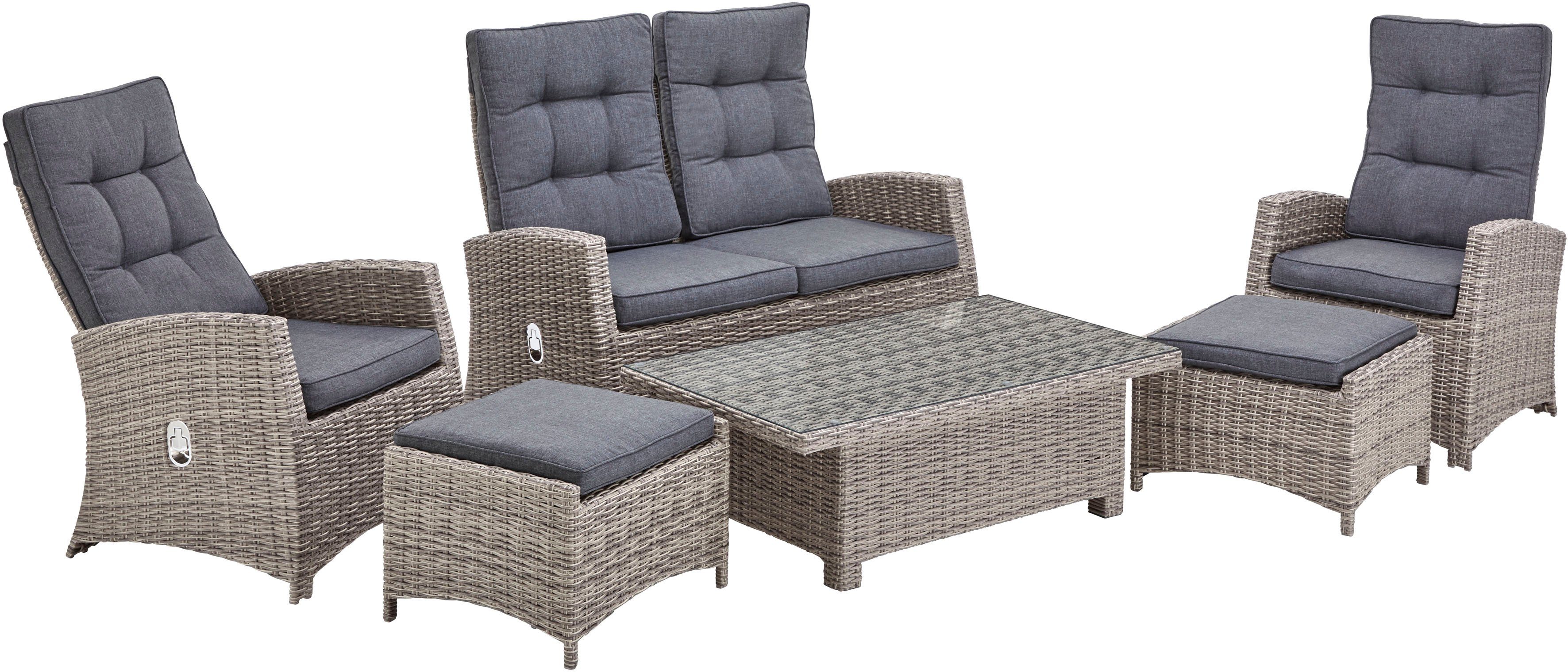 KONIFERA Gartenlounge-Set Monaco, (Set, 16-tlg., 2x Sessel, 1x2er Sofa, 2x Hocker, 1x Tisch 120x70x43,5-66,5 cm), höhenverstellbarer Tisch, inkl. Auflagen, Grau, Aluminium, Polyrattan