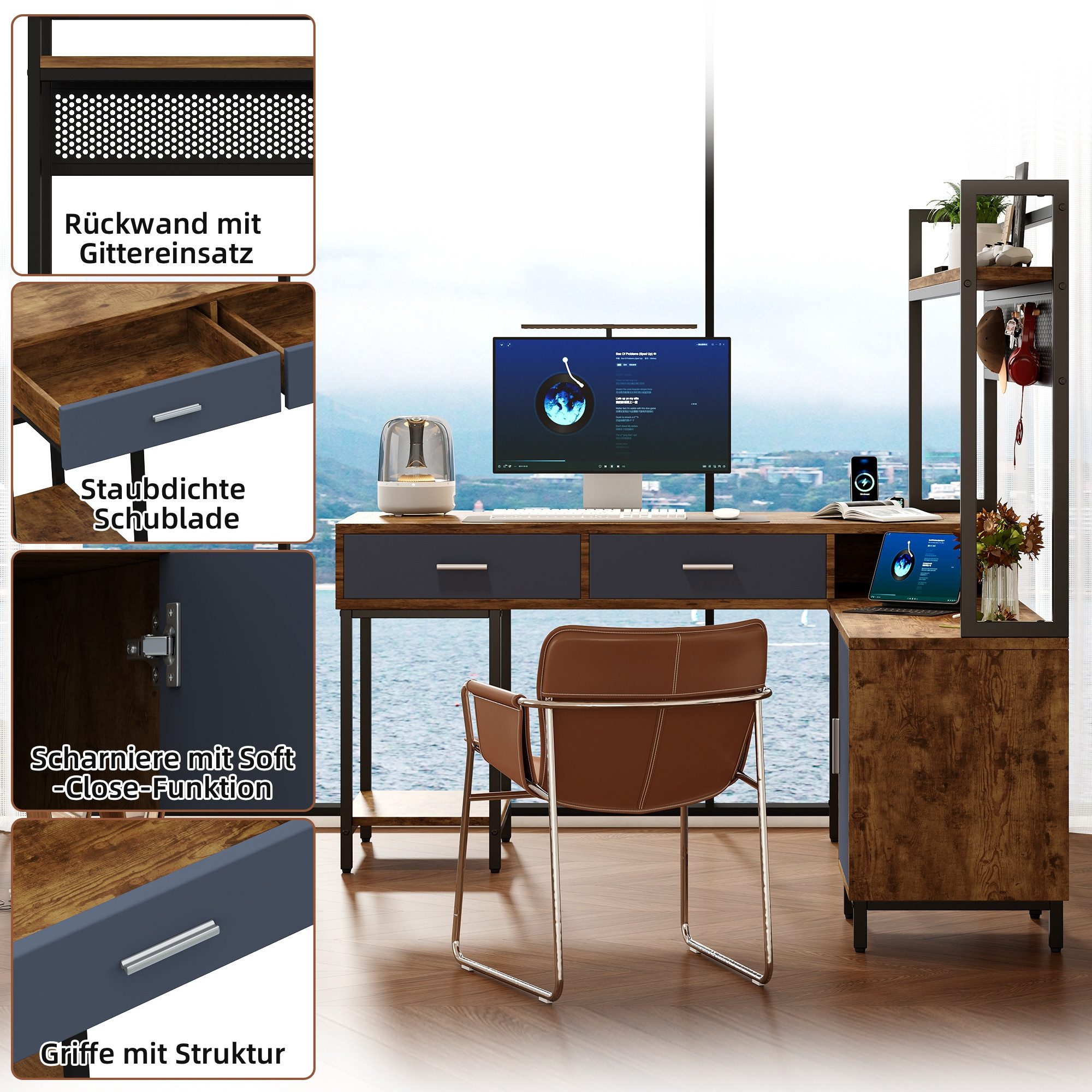 BlingBin Schreibtisch L-förmiger Industriestil mit belastbarer Stahl-Holz-Kombination (1 Stück, 2-St., 140*140*135 cm), rostfestem Gestell, Schubladen &  luftdurchlässiger Drahtnetz-Rückwand