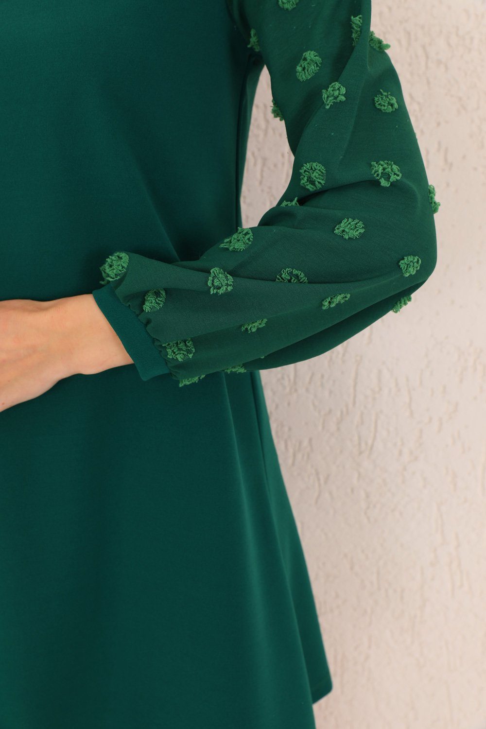 mit Bongual Punkte grün A-Linie-Kleid Laterneärmel Struktur Partykleid
