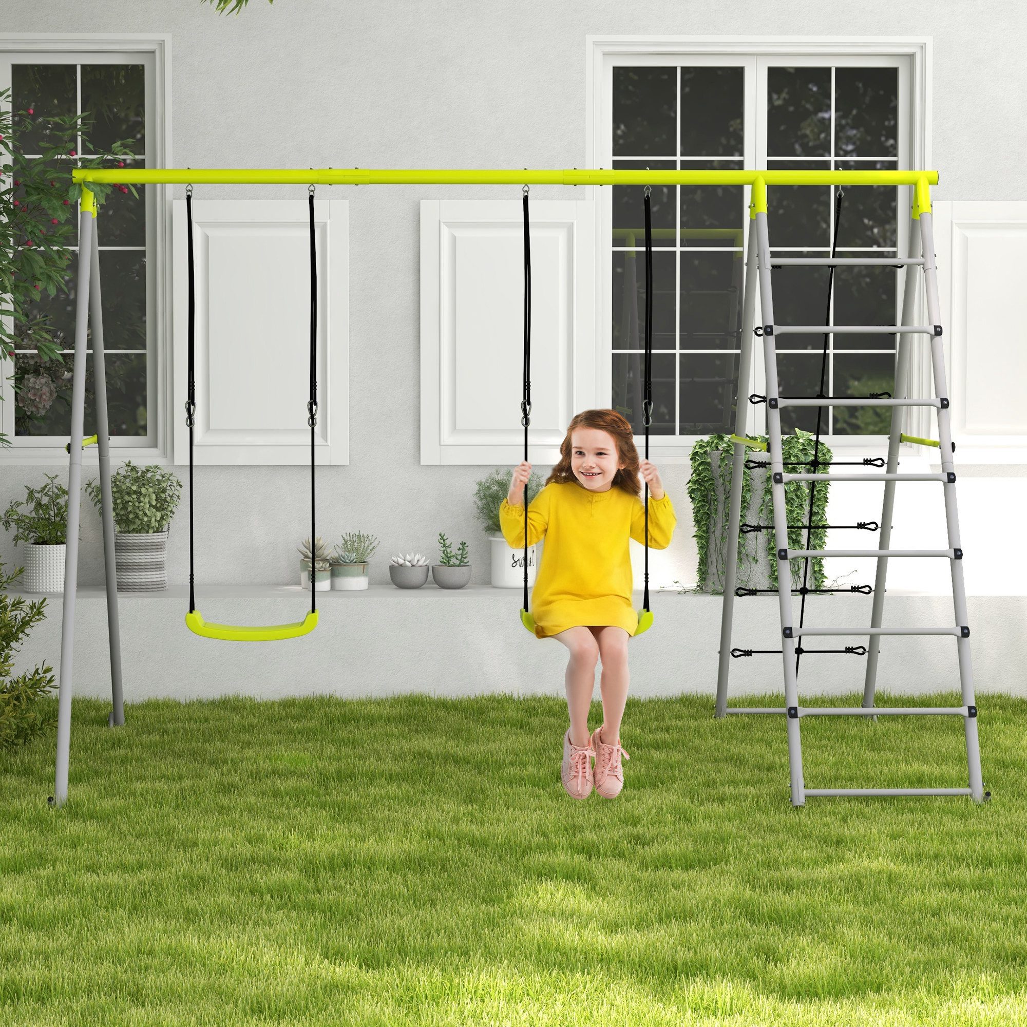 Outsunny Einzelschaukel Kinderschaukel-Set Schaukelgerüst mit Kletternetz, Sprossenleiter, (Gartenschaukel, 1-tlg., Schaukelgestell), für Garten, Balkon, Grün