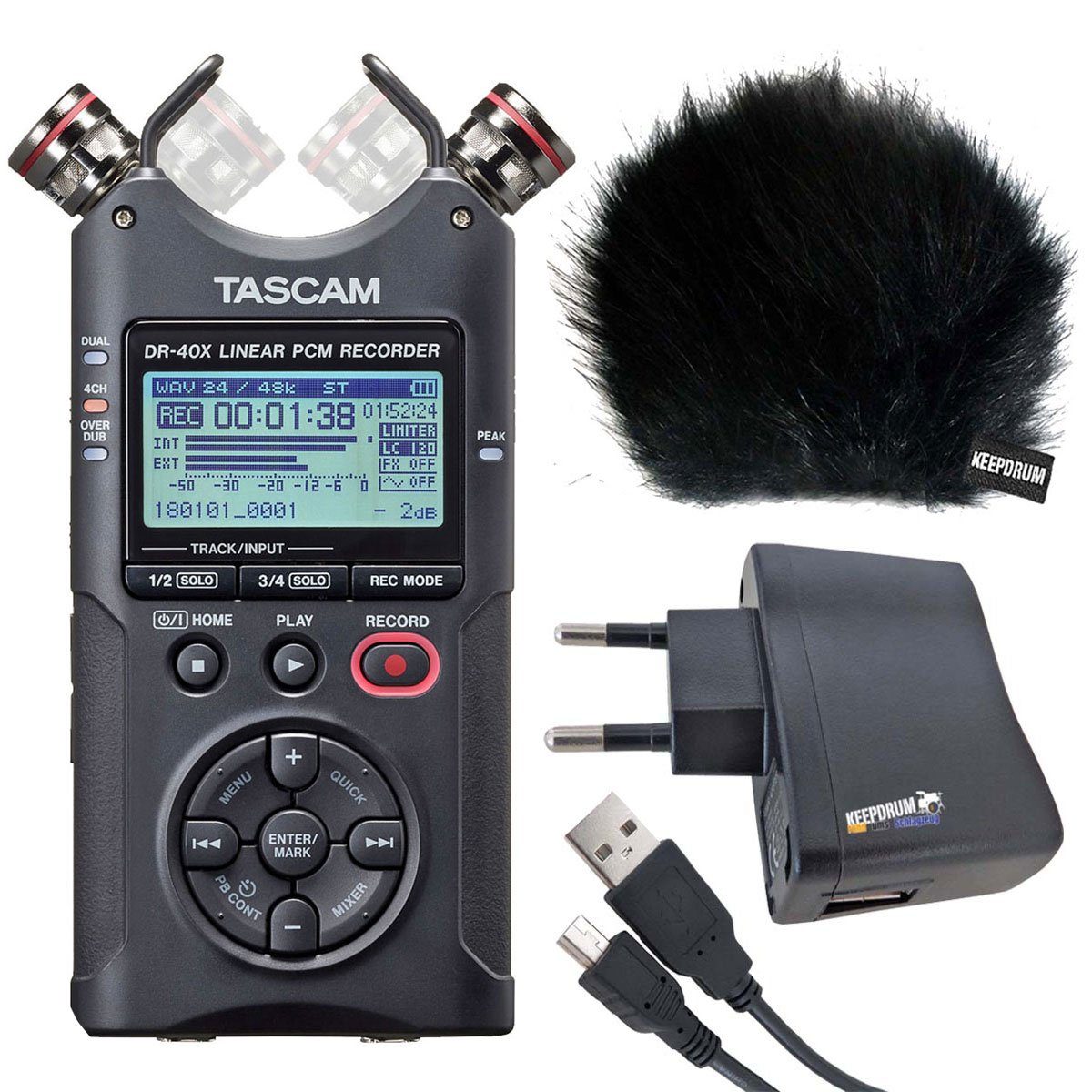 Tascam DR-40X Audio-Recorder Digitales Aufnahmegerät (mit Zubehör-Set)