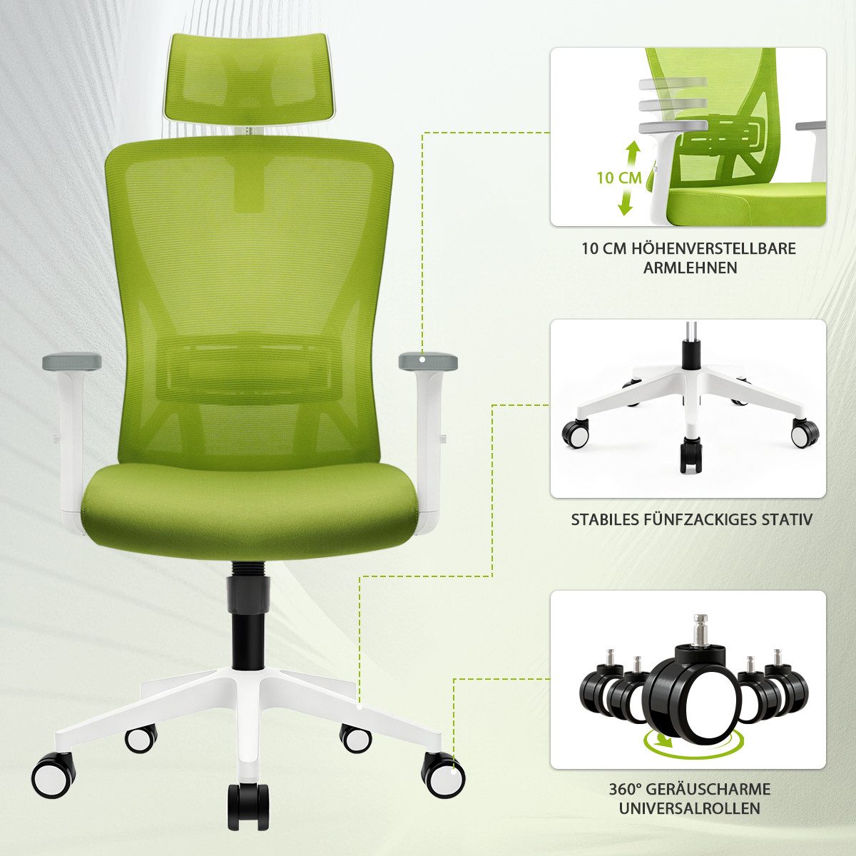 Durrafy Bürostuhl 200kg Ergonomischer Bürostuhl-Verstellbare Lordosenstütze (Verstellbare Lendenwirbelstutze + Kopfstutze + hohenverstelbare Armlehnen),bis zu 130° neigbar, atmungsaktives Netzgewebe, Drehstuhl),bis zu 130° neigbar, atmungsaktives Netzgewebe, Drehstuhl