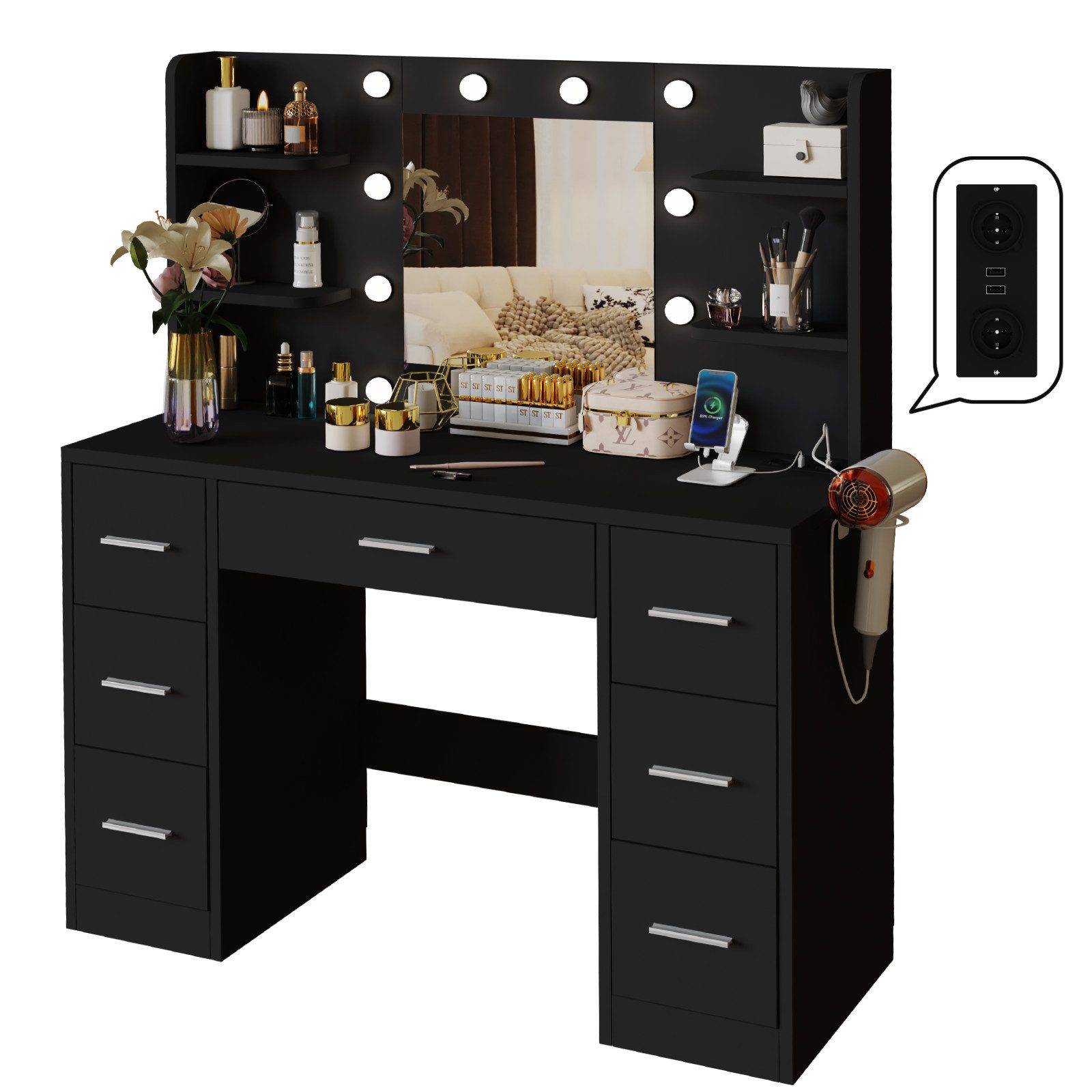 Furnicopia Schminktisch 110*40*137CM Frisiertisch mit 2 SUB 2 Steckdosen (M günstig online kaufen