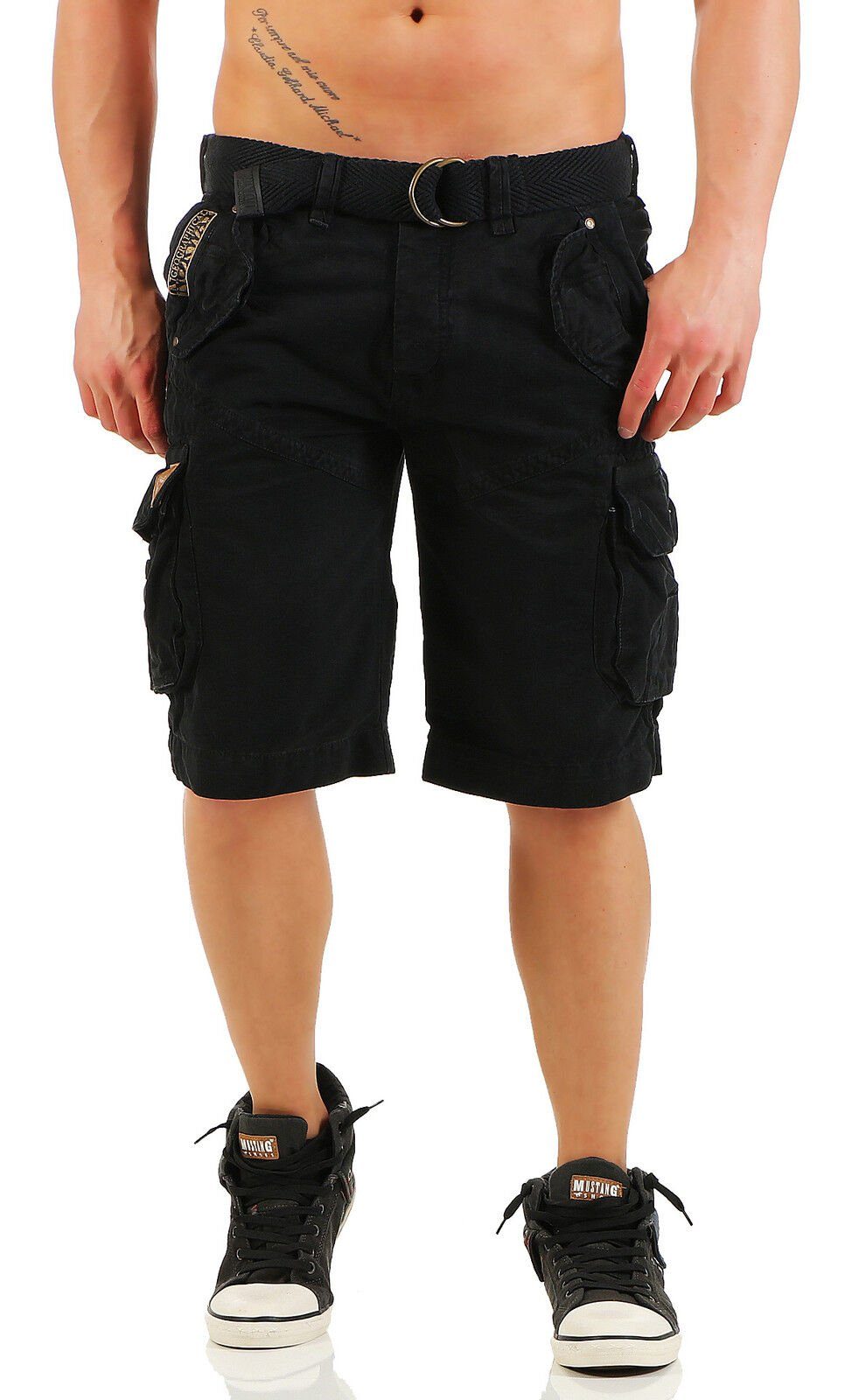 Geographical Norway Cargoshorts Geographical POLISH Gürtel) Hose abnehmbarem unifarben, Norway (mit Shorts Shorts, kurze Schwarz Herren