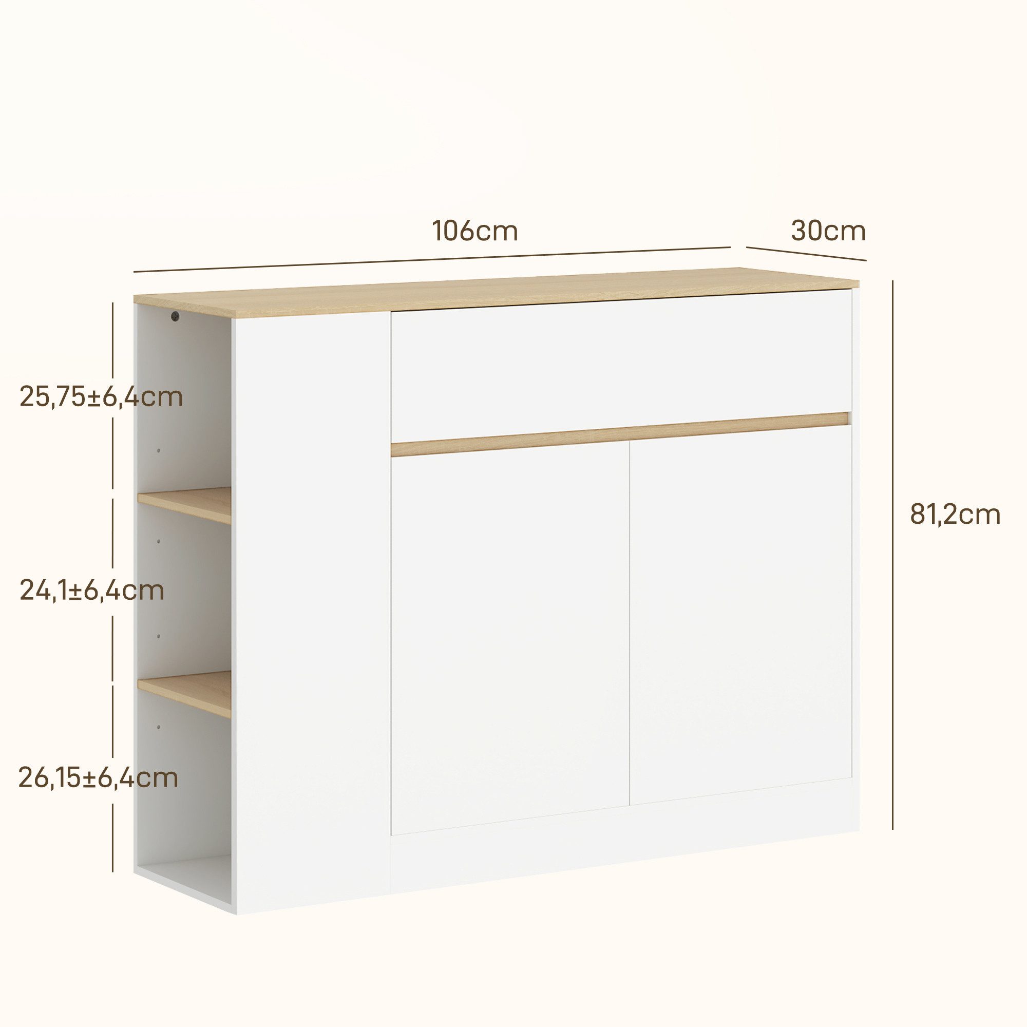 HOMCOM Sideboard mit Schublade, verstellbare Ablage, Kippschutz (Küchenschrank, 1 St., Aufbewahrungsschrank), für Küche, Esszimmer, 106 x 30 x 81,2 cm Weiß