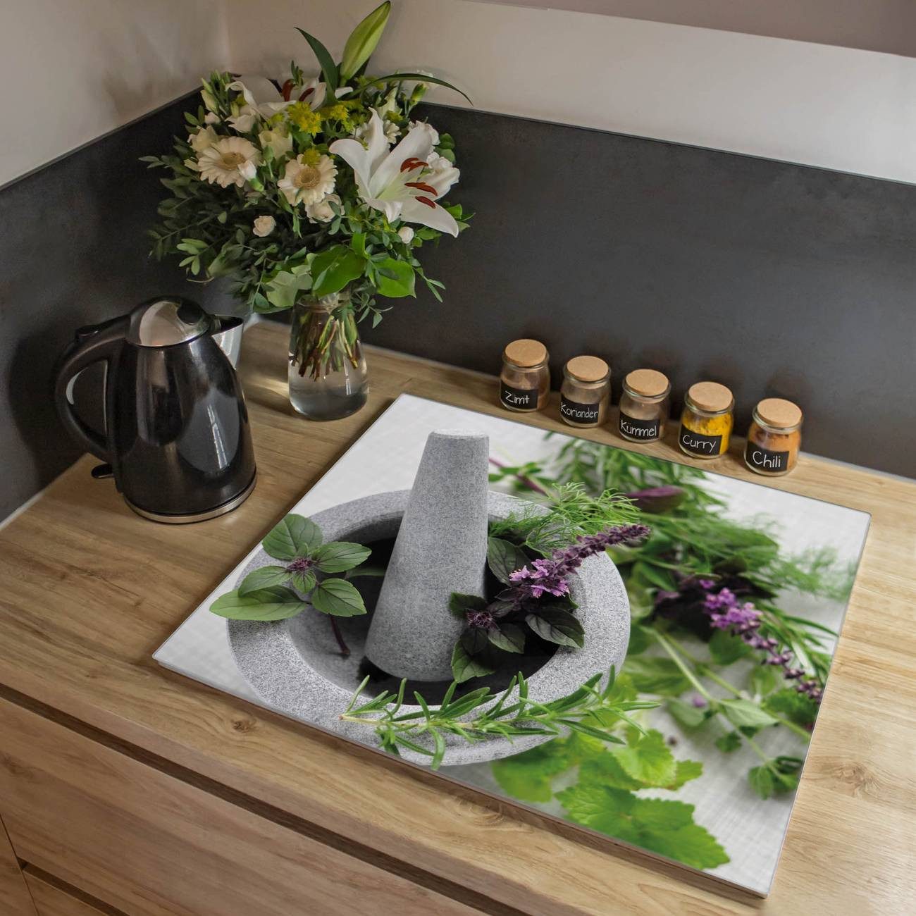 banjado Herd-Abdeckplatte Glas Kräuter, (gehärtet, 1 tlg., inkl. selbstklebende Gummifüßchen)