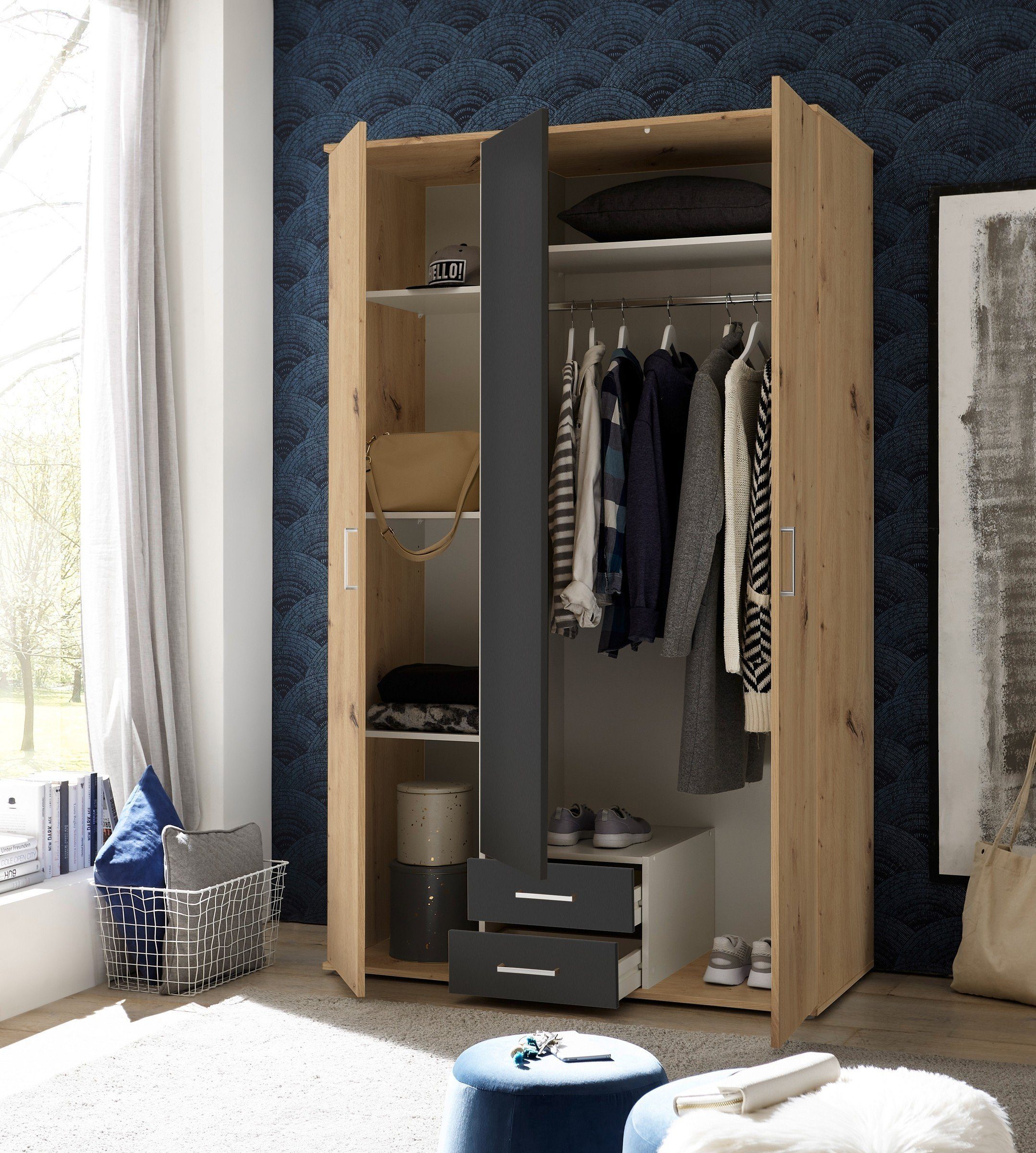 Pol-Power Kleiderschrank in Artisan Eiche / Graphit mit 2 Schubladen und 3 Türen (BxHxT: 120x196x54 cm)