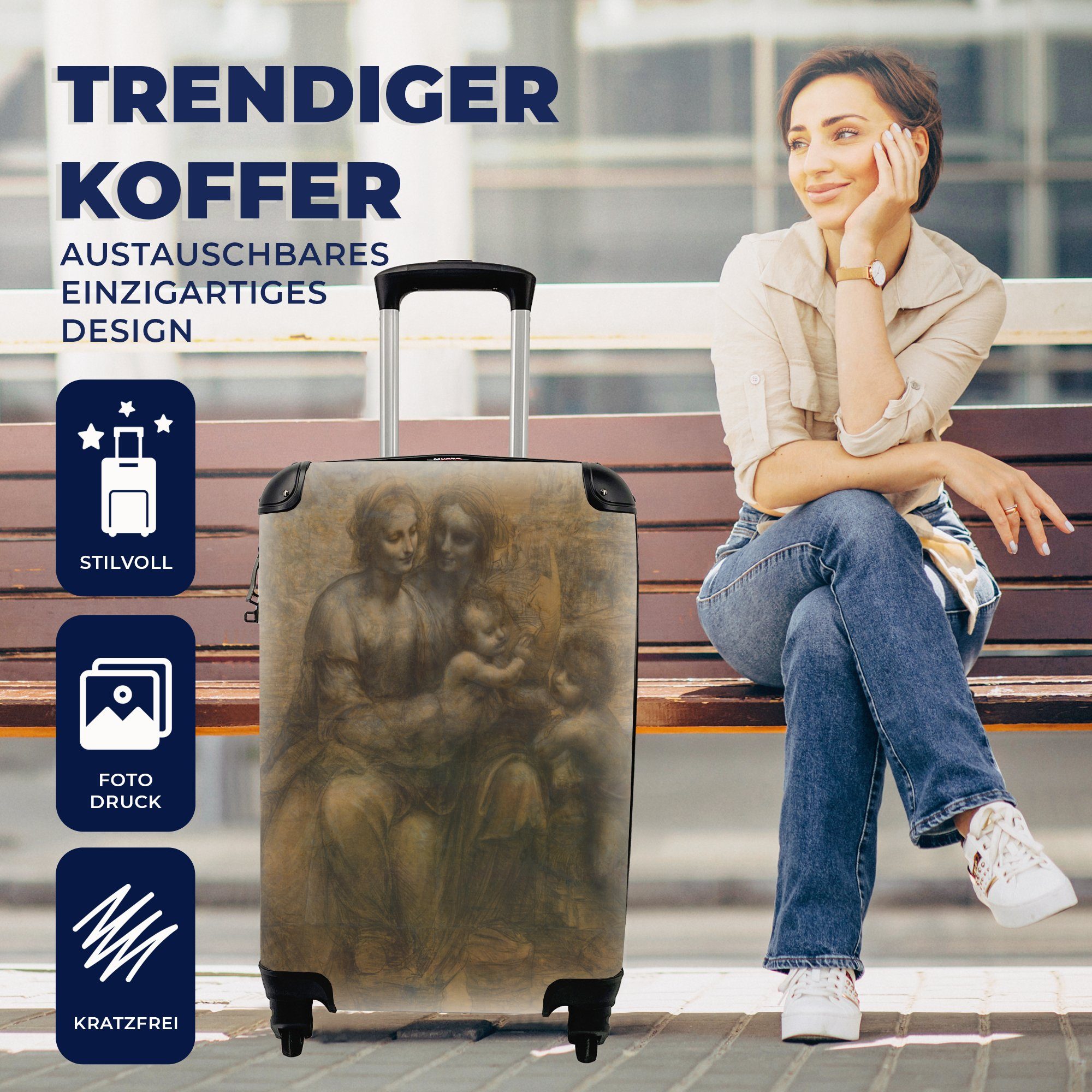 MuchoWow Handgepäckkoffer Maria mit Kind für Rollen, 4 Reisekoffer rollen, Leonardo mit Ferien, die Handgepäck Trolley, Anna - Reisetasche und da Vinci, Heilige