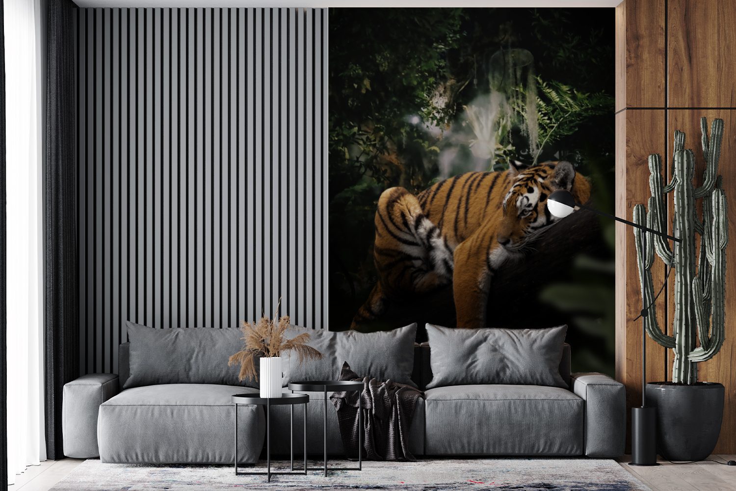 MuchoWow Fototapete Tiger - Dschungel Wohnzimmer, Montagefertig Wandtapete Tapete (3 bedruckt, für - Vinyl Baum, St), Matt