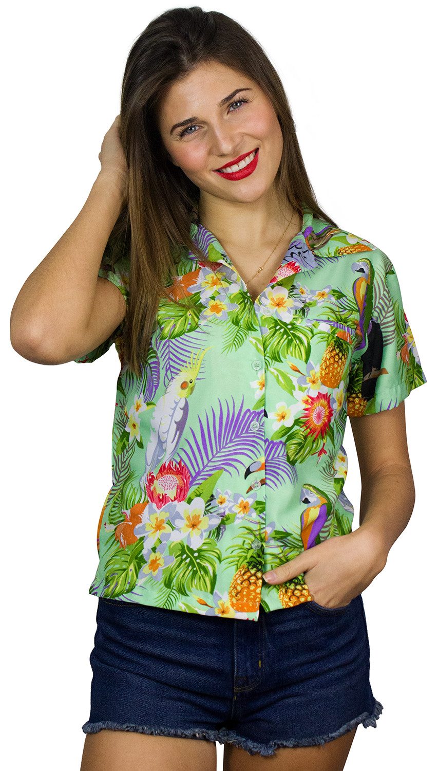 Hawaiihemd Parrot Cockatoo Funky Hawaiibluse Damen Kurzarm Front-Tasche Stylish