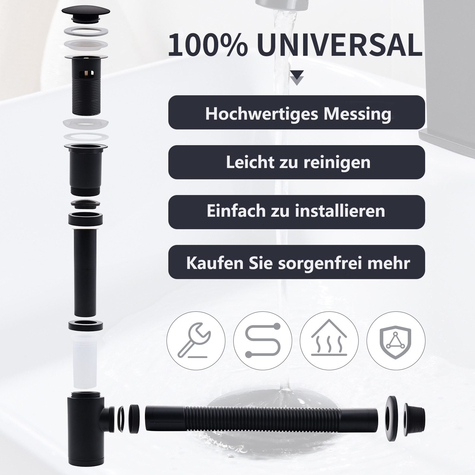 HOMELIVE Ablaufgarnitur Siphon Pop Up Ablaufgarnitur mit Überlauf Universal Röhrensiphon Set (Röhrensiphon Set für Waschbecken Waschtisch Bad) Geruchsverschluss – Bild 4 von 5