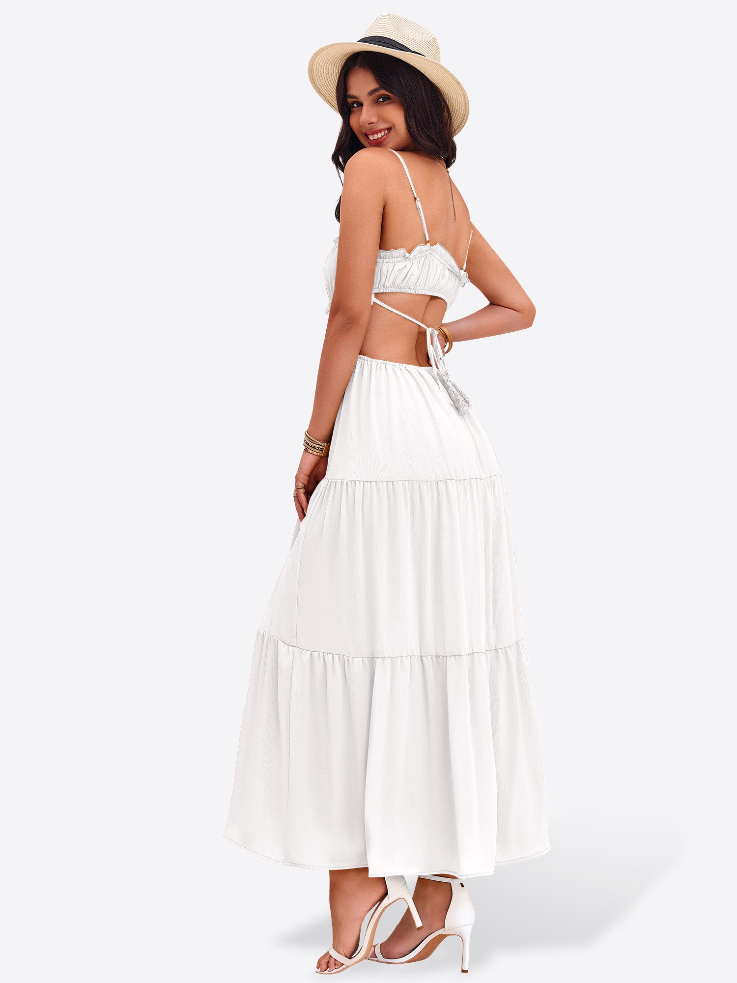 Imily Bela Maxikleid Damen Strand mit Rüschen Bänder ärmellos Boho Sommer Urlaub (Packung, 1-tlg., 1per-Pack) in Unifarbe – Bild 2 von 5
