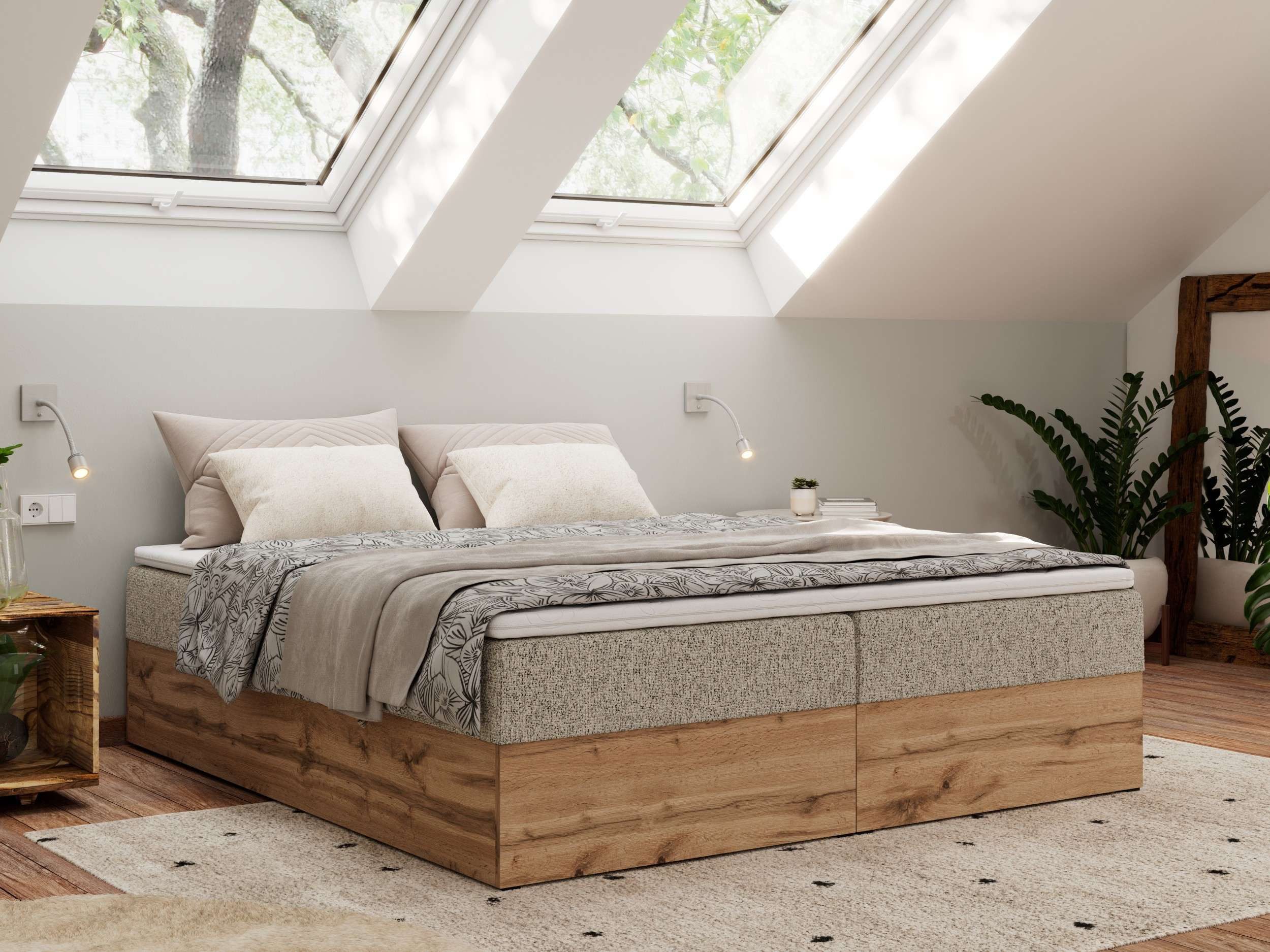 MKS MÖBEL Boxspringbett WOOD ZERO (Set, Bett, Polsterbett mit integrierten Matratzen, 2 Bettkästen, H3/H4), Topper T25 oder Visco optional, ohne Kopfteil