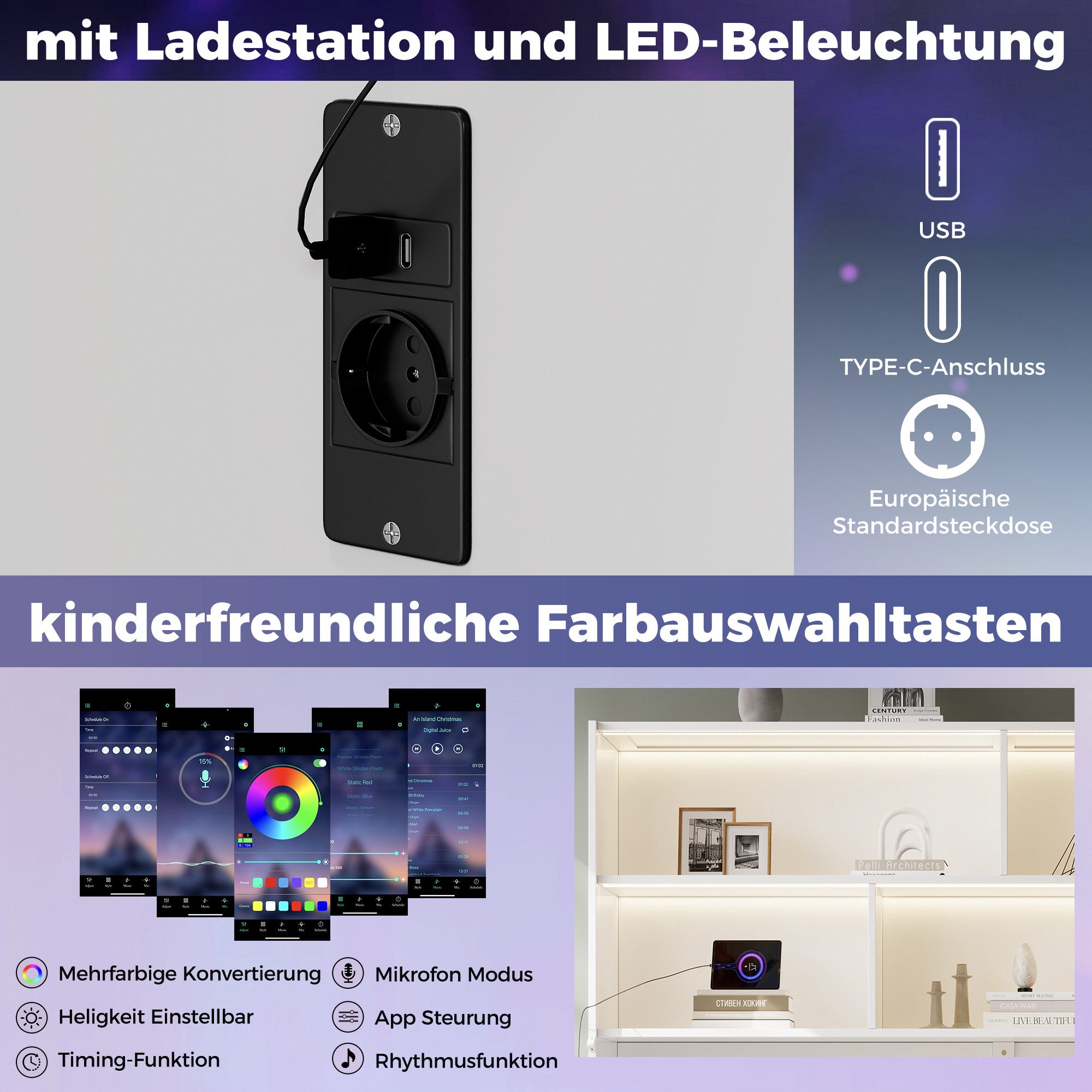 Celya Schrankbett Umwandelbares Einzelbett, Holzbett 90x200cm (ohne Matratze, mit LED-Lichtleiste, USB-Aufladen und Stauraum)