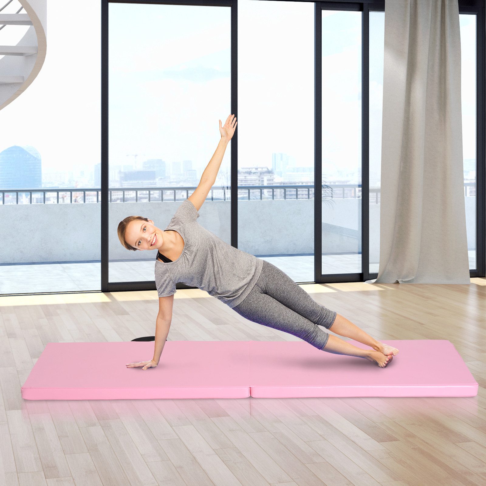 HOMCOM Gymnastikmatte Sportmatte mit Griffen Gymnastik Tumbling Matte (Faltbare Fitnessmatte, 1-St., Trainingsmatte), für Yoga, MMA, Fitness, Pilates, Synthetikbezug Rosa 180 x 60 x 5 cm