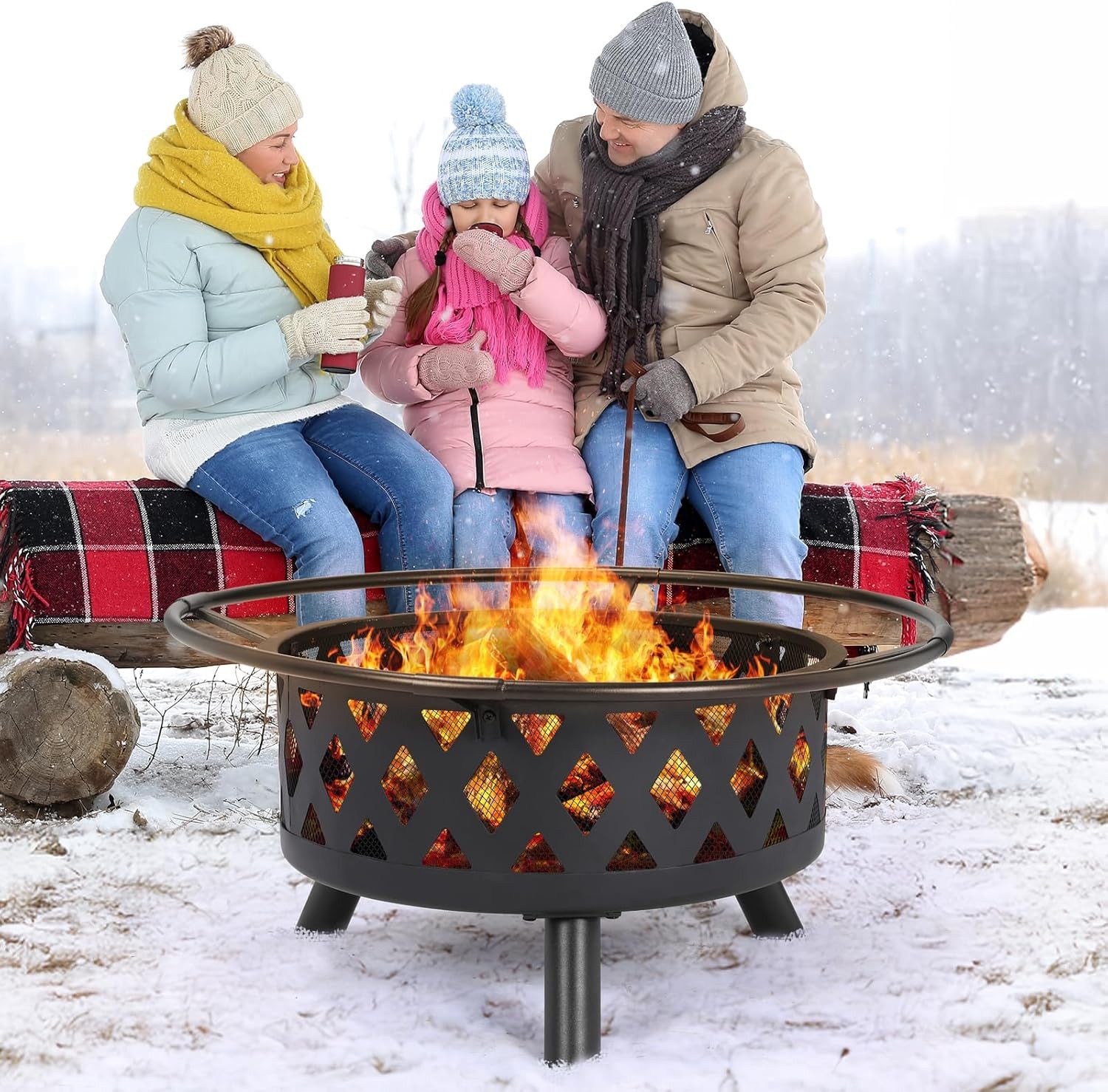 TLGREEN Fire Bowl with Rotating Grill Grate, Ø 76 cm Fire Basket with Poker, Multifunctional BBQ Fire Pit