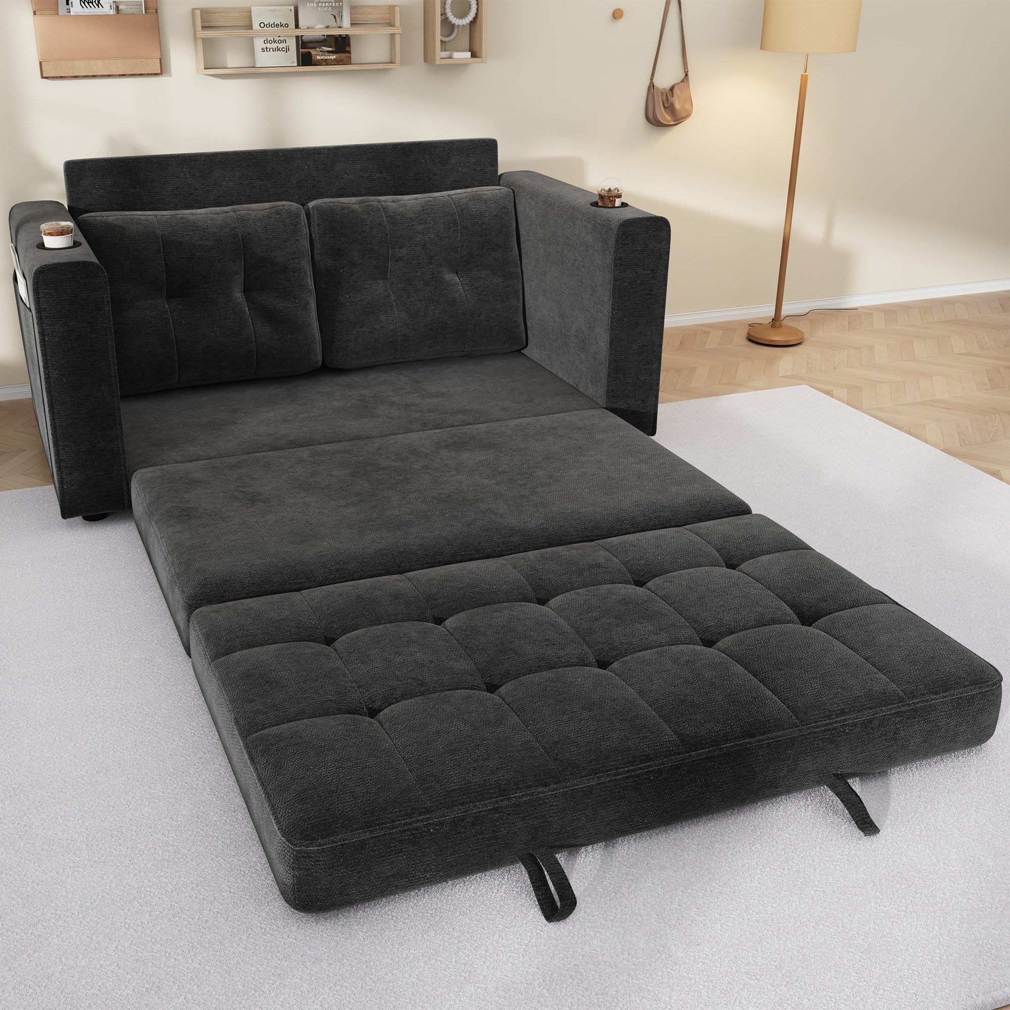 Merax Schlafsofa mit Schlaffunktion, Doppelschlafsofa mit dreifach faltbarer Sitzfläche, 141x79x93 cm 1 Teile, 2-Sitzer Ausziehsofa mit 2 …