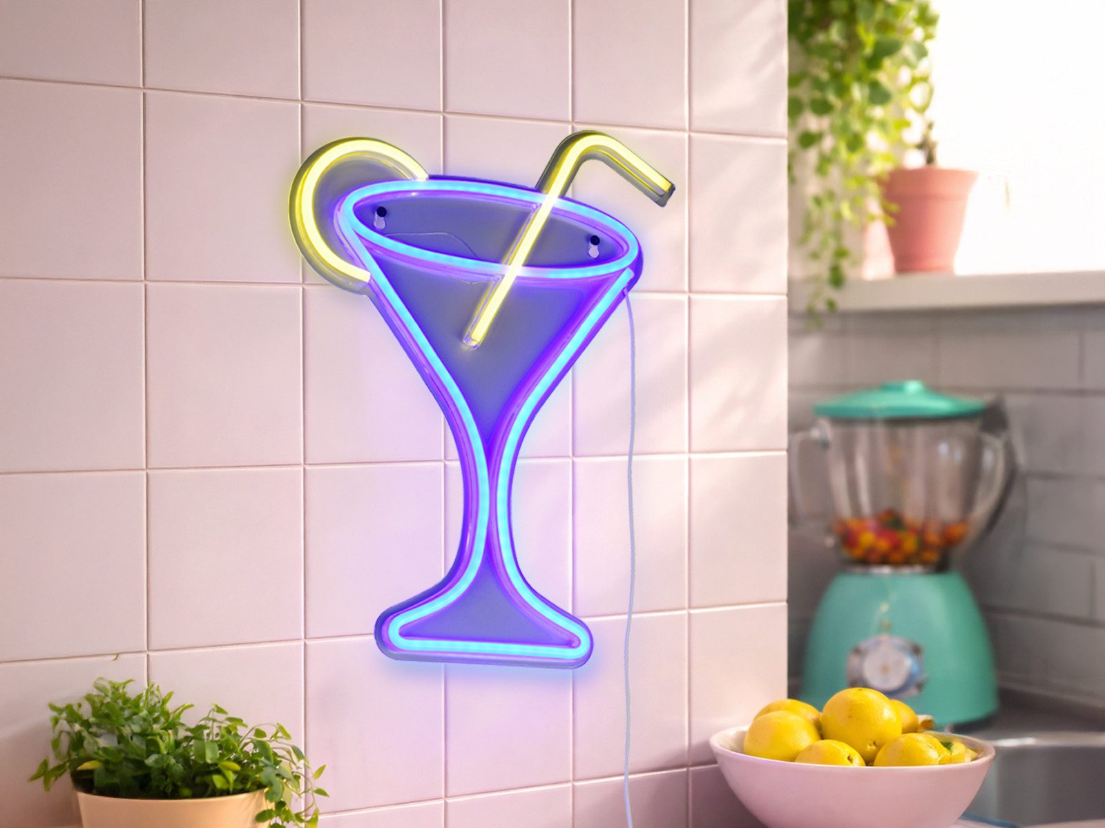 Reality Leuchten LED Dekolicht Flaches Neon-Schild Cocktail, Höhe 43cm, LED fest integriert, USB Dekoleuchte, Wand Deko-Lampe mit Netzteil & Schalter