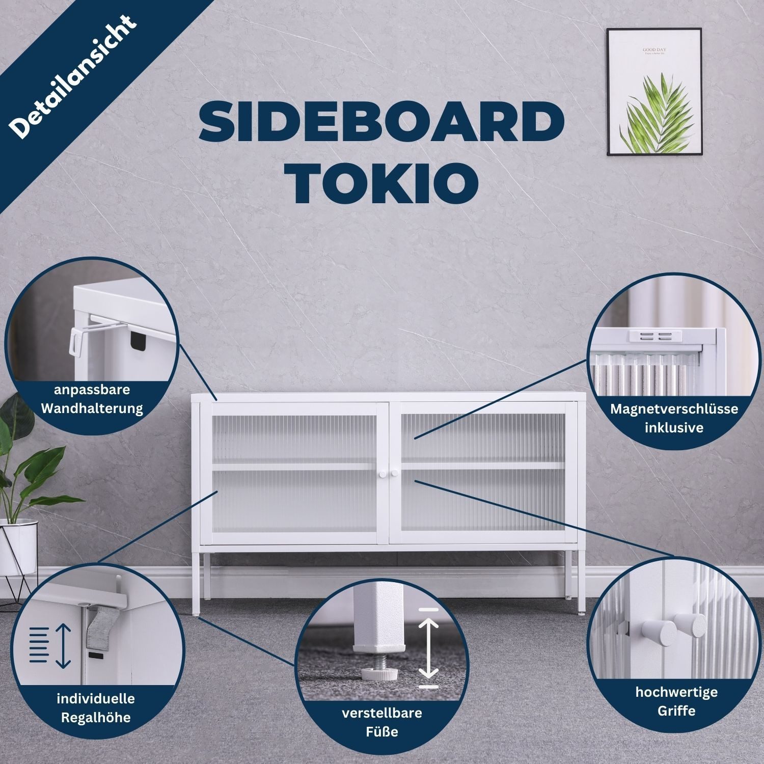 Coemo Sideboard TOKIO, Weiß Kommode Metall 2 Glastüren Einlegeboden - langlebig & elegant