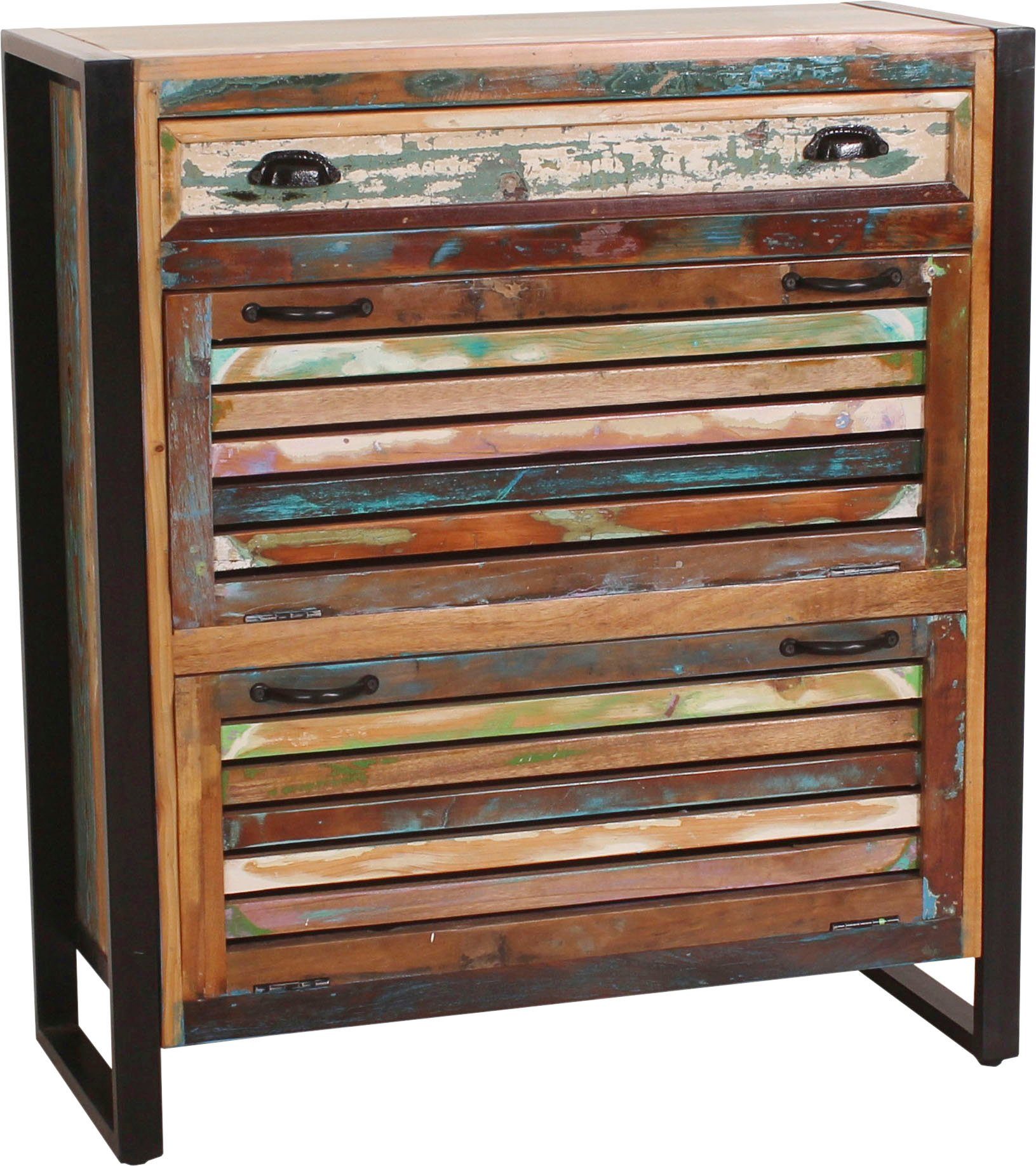 SIT Schuhschrank Ribeira aus Altholz – Lamellenfront – 2 Klappen & Schublade Für ca. 12 Paar Schuhe mit bunter Lamellenfront und Metallrahmen