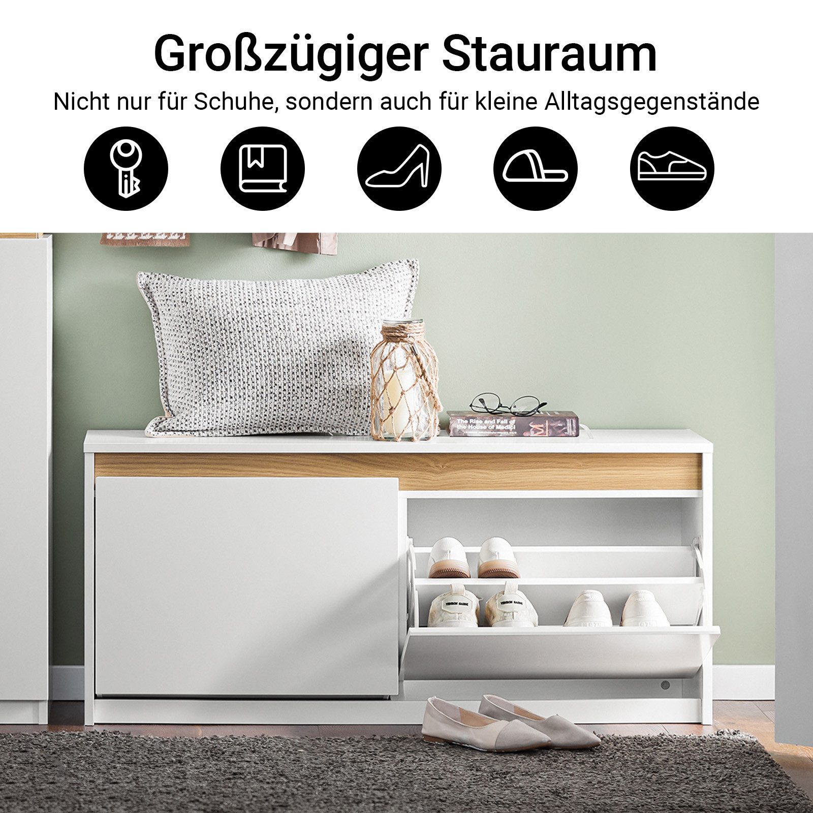 SoBuy Schuhkipper FSR171, Schuhbank Dielenbank, Sitzbank mit Stauraum, Schuhregal, Sitzkommode Schuhschrank mit 2 Klappen, gepolstert, Fach unter Kissen